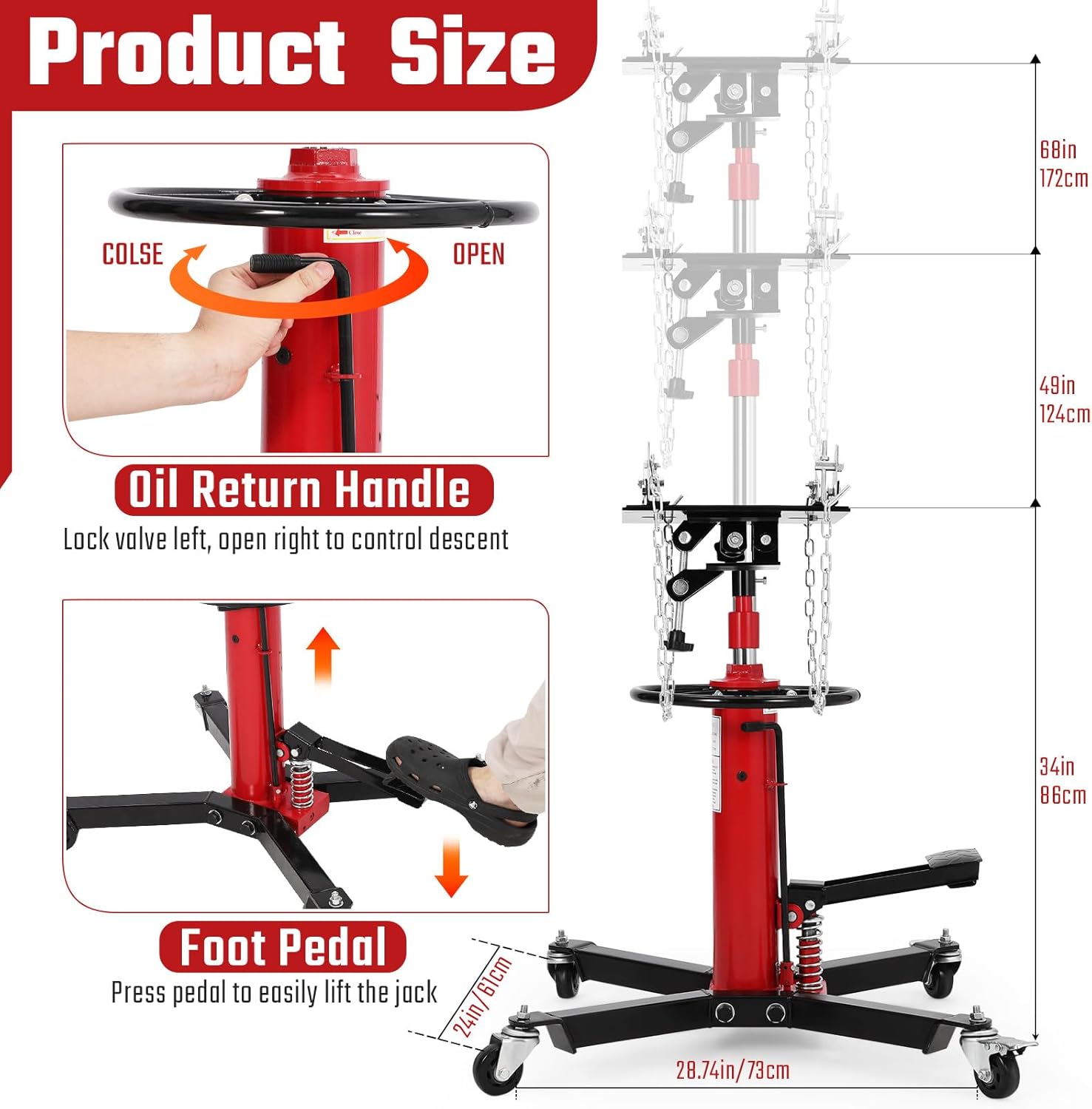 Transmission Jack, 1100 lbs 1/2 Ton, 34"-68" Lifting Range, 2-Stage High Lift Hydraulic Telescopic Jack, Garage Transmission Jack Stand for Car Lift with Foot Pedal and 360° Swivel Wheel