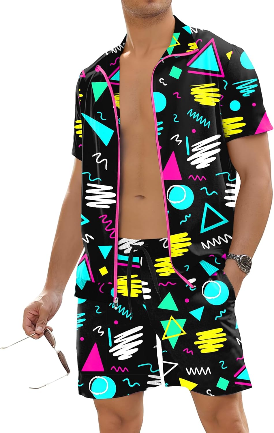 UOUA 80s Outfit for Men 90s Color Block Costumes 2 Piece Retro Short Sleeve Jacket & Shorts Set for Party