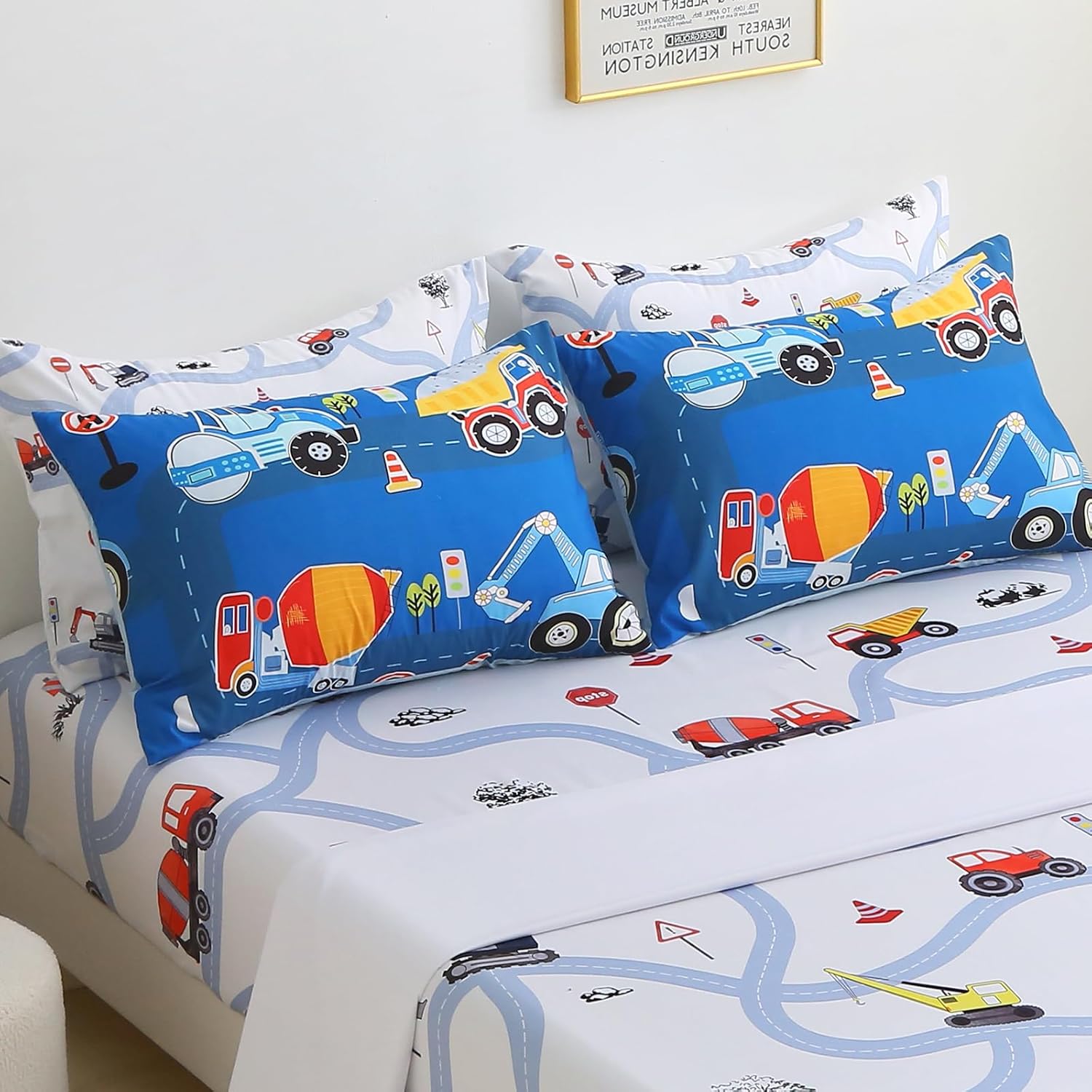 Full Comforter Set for Boys Blue Soft Microfiber Bedding Sets Kids All Season Bed in a Bag with Flat Sheets Fitted Sheet and Pillowcover, Cute Construction Truck Pattern Toddler(Full,7 piece) | Construction Truck