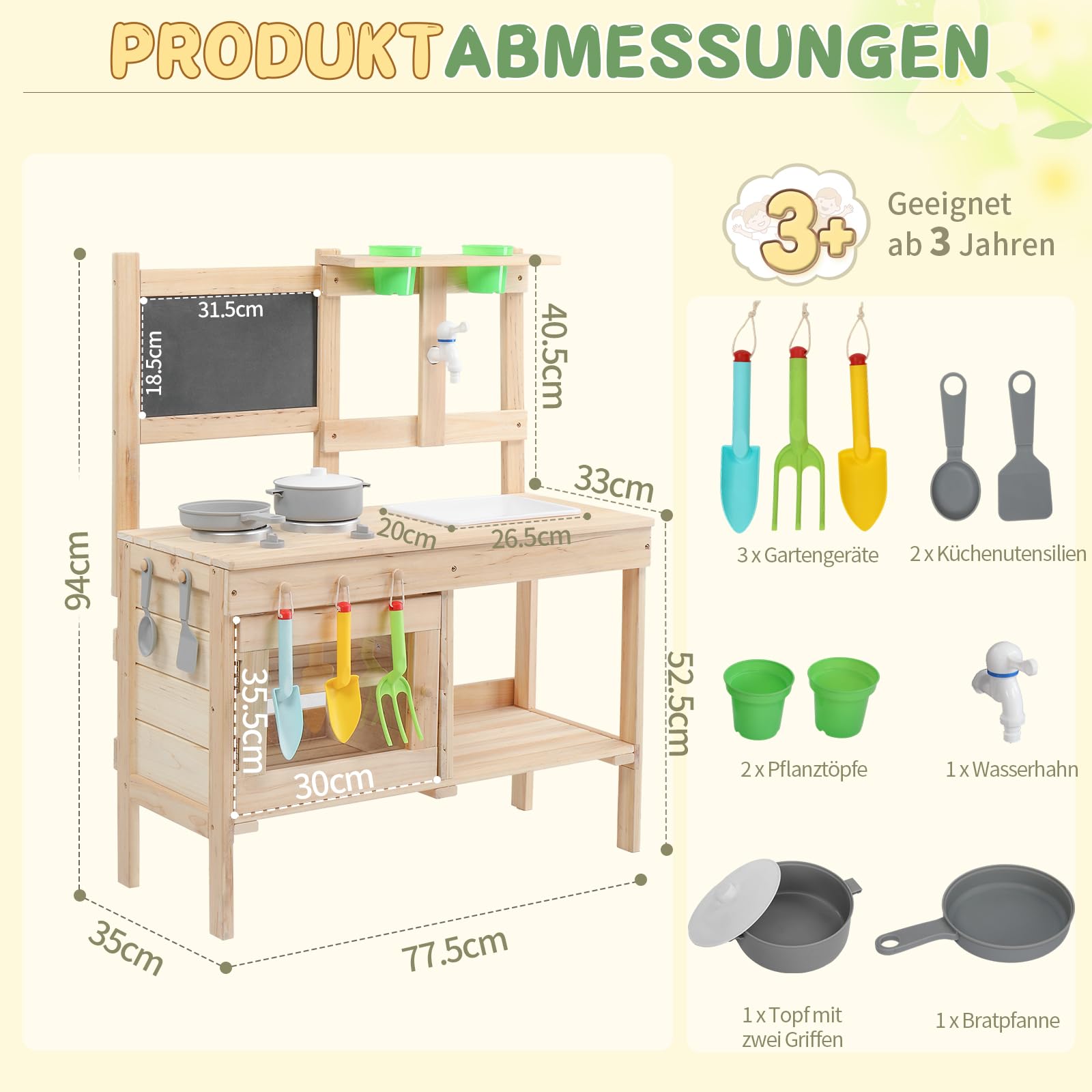 LEADZM Spielküche Gartenspielküche Matschküche Kinder Outdoor mit Spüle, Blumentopf, Wasserhahn, Kinderküche mit Herd und Tafel, geeignet für Kinder ab 6 Jahren, Naturholzfarbe