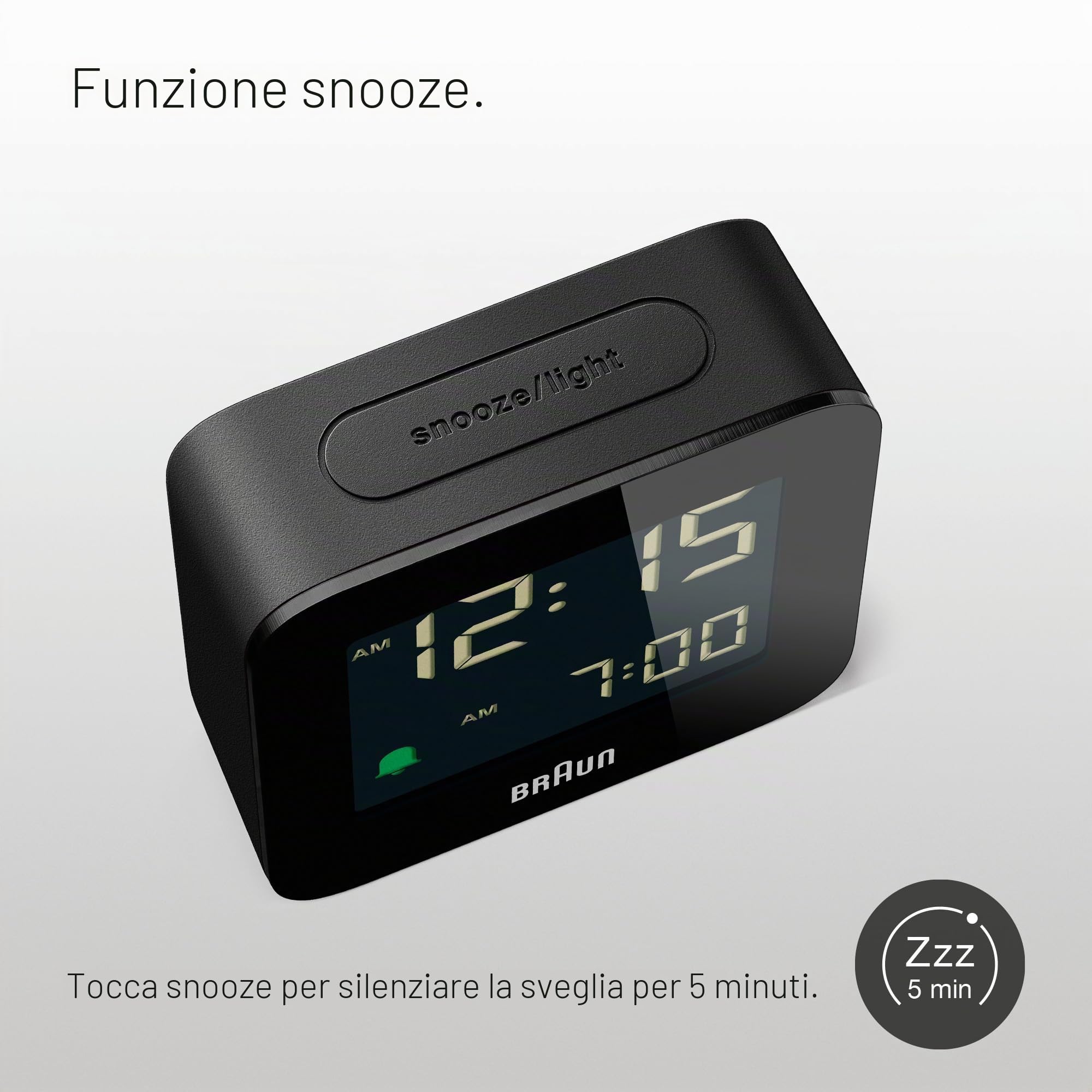 Braun Sveglia Digitale da Viaggio con Snooze, Dimensioni Compatte, Display LCD Negativo, Impostazione Rapida, Sveglia Bip Crescendo in Nero, Modello BC08B.