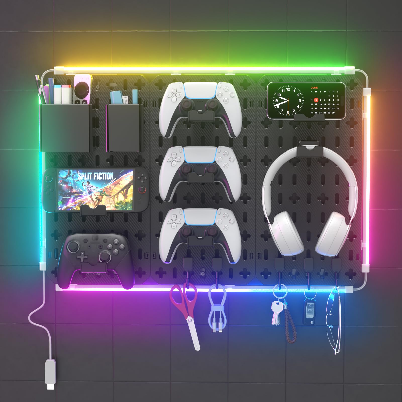 KDD 9 in 1 RGB Gaming Wall Organizer Peg Board - DIY Pegboard Combination Kit with Phone Stand