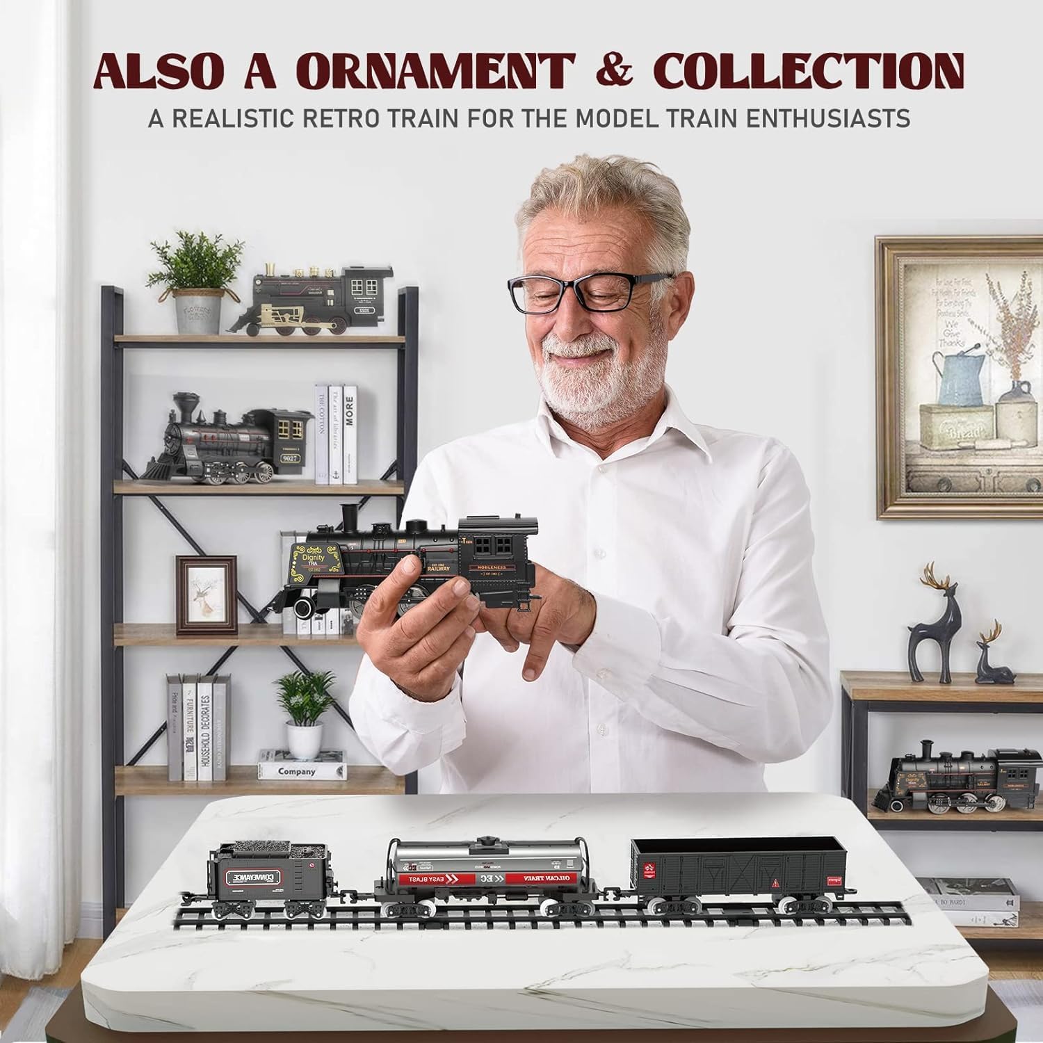 Hot Bee Train Set for Boys, Metal Alloy Electric Trains w/Steam Locomotive, Cargo Cars & Tracks, Train Toys w/Smoke, Sounds & Lights, Christmas Toys Gifts for 3 4 5 6 7 8+ Years Old Kids