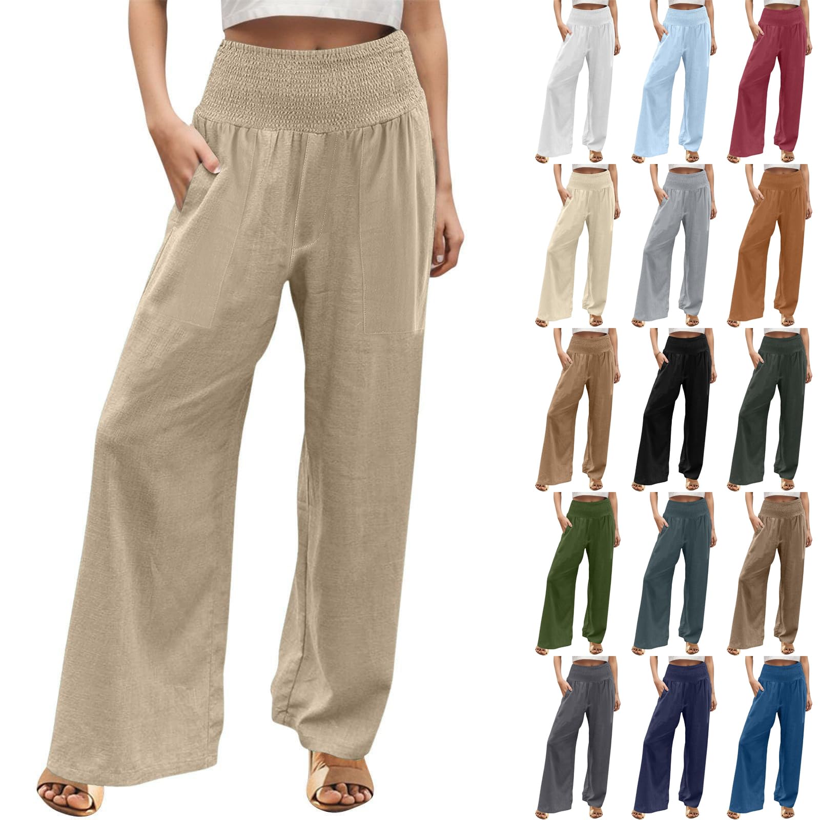 Women Palazzo Linen Pants Smocked High Waisted Wide Leg Pants Casual Summer Beach Pants Lounge Trousers with Pockets