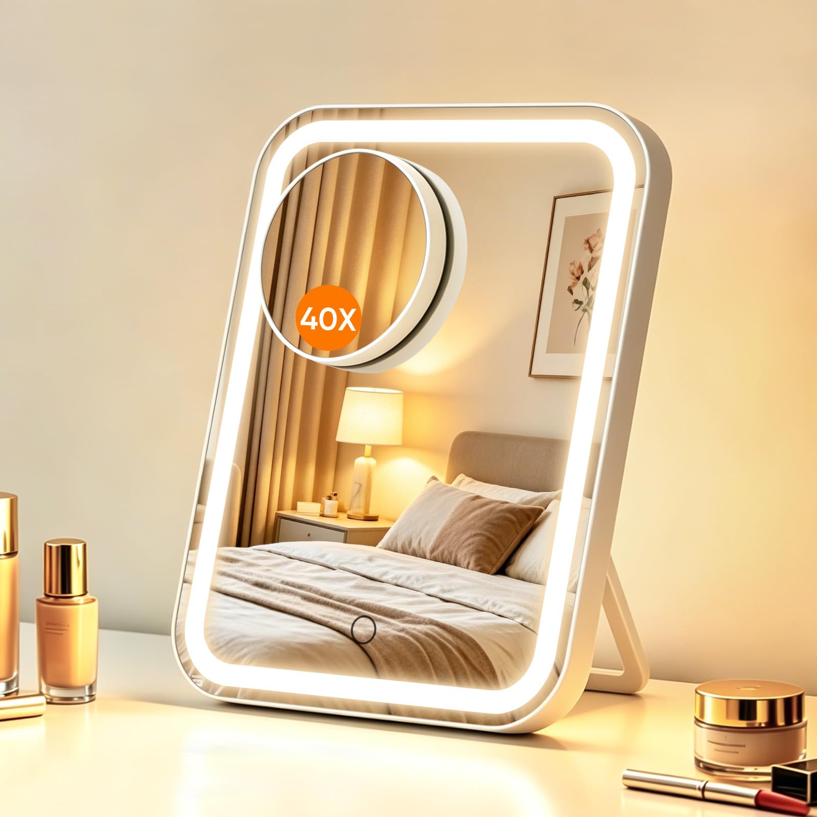 FUNTOUCH Großer Make-up-Schminkspiegel mit Lichtern, 5000 mAh, 30,7 x 25,9 cm, wiederaufladbar, beleuchteter Schreibtisch-Make-up-Spiegel mit 40-facher Vergrößerung, 96 LED-Leuchten und 3-farbiger