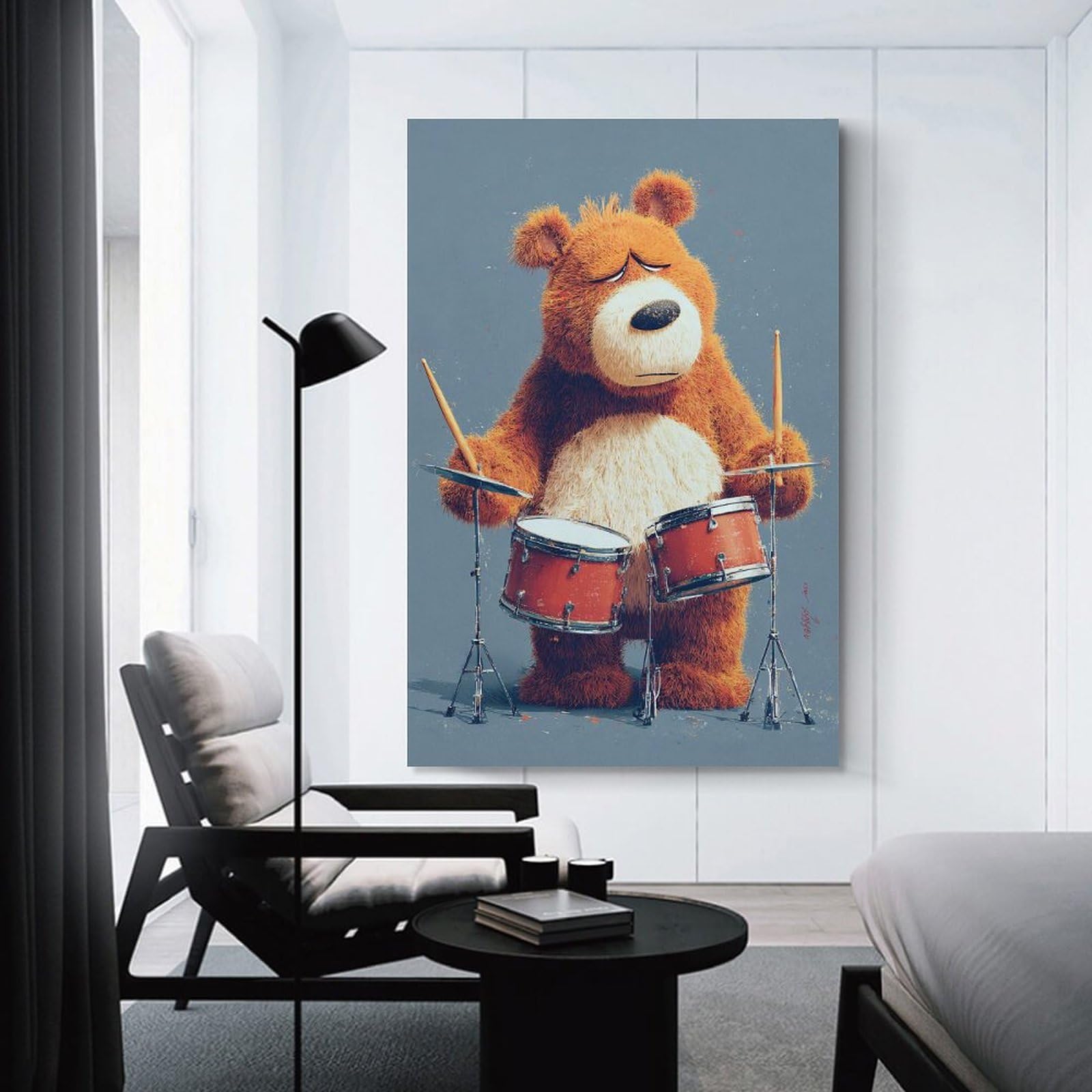 Junmoney Unframe-Style-7-1 Sad Bear Drummer Decorative Wall Artwork, 24X36inch(60X90cm), For Work Areas, Reading Rooms Or Studios, Wall Art That Adds Style To Work Areas