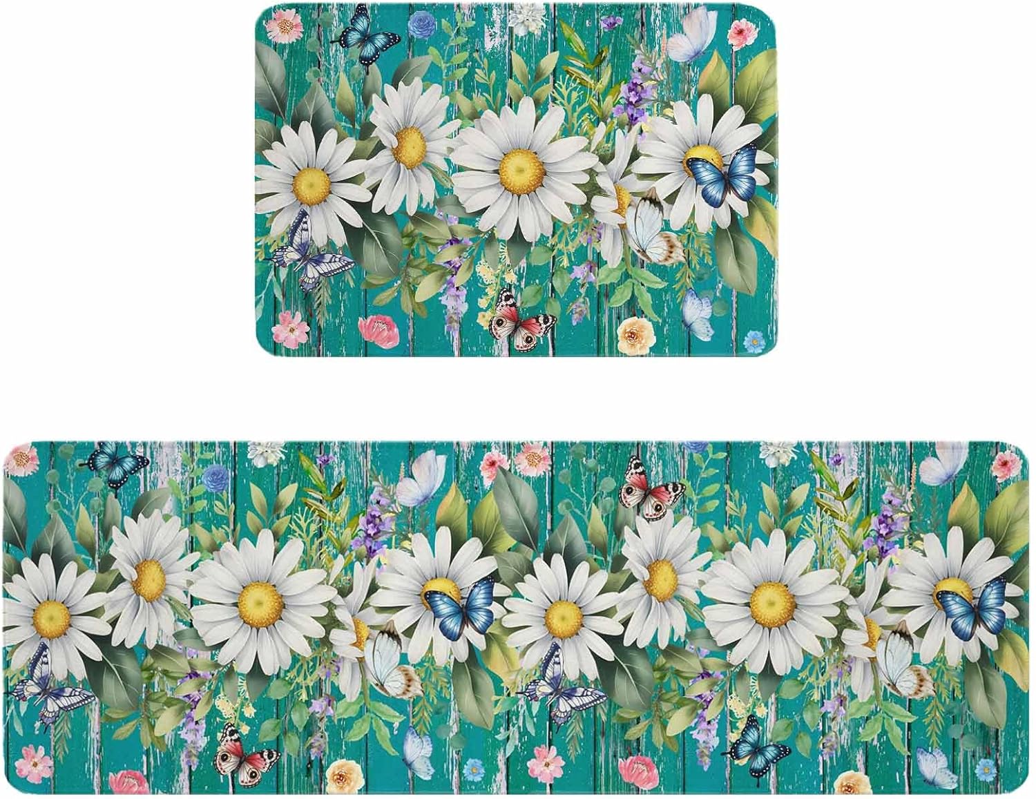 Spring Daisy Leaves Kitchen Rugs and Mats Set of 2, Non-Slip Kitchen Sink Mat, Vintage Watercolor Flowers Teal Wooden Washable Doormat Bathroom Rugs Runner for Bedroom/Living Room 17.7"x30"+17.7"x59"