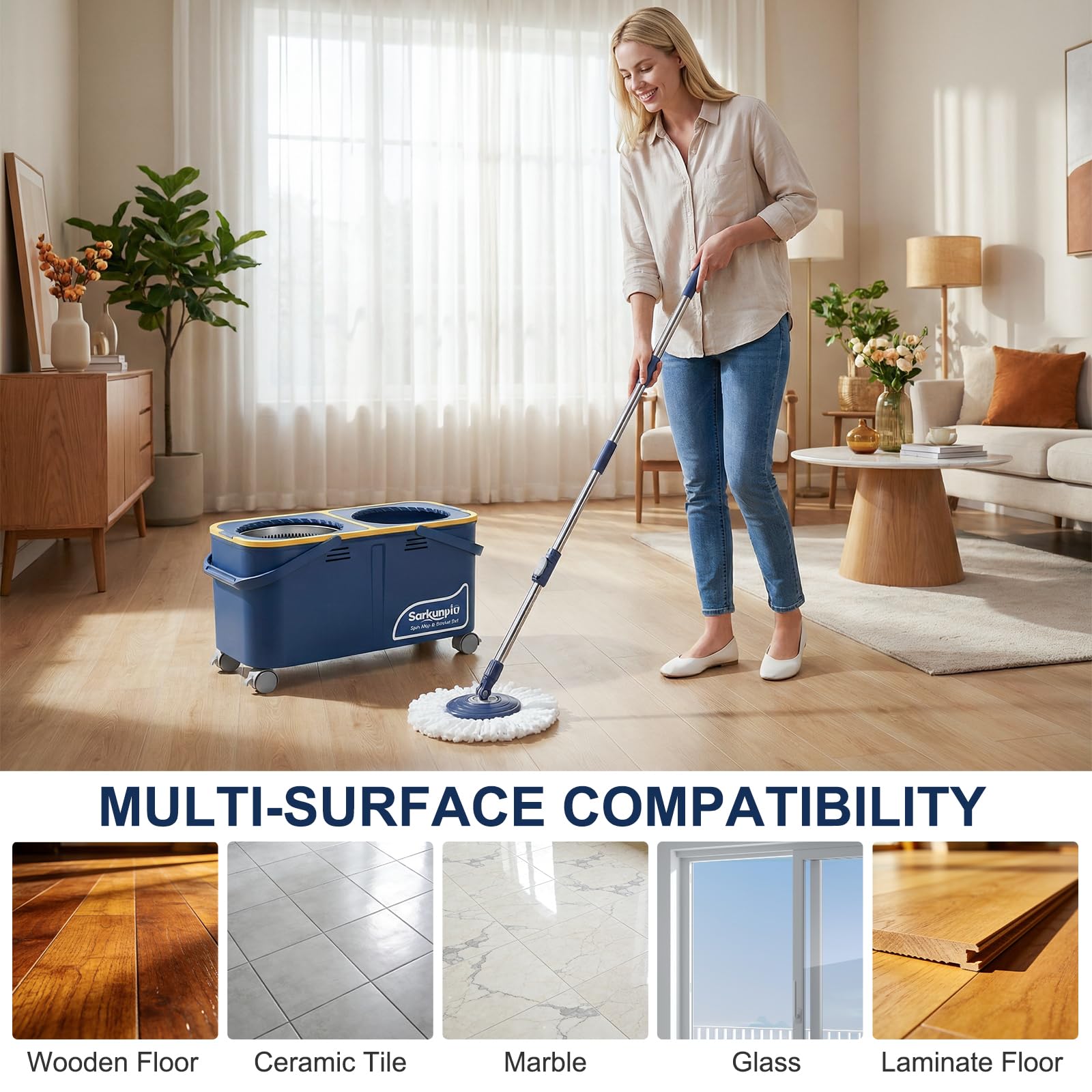 Balai Serpillère Seau Essoreur, Ensemble Serpillère et Seau de Nettoyage avec 4 Chambres et 4 Roues, Sépare l'eau Propre et Sale, Serpillere Rotative à 360° Spin Mop Système avec 6 Têtes