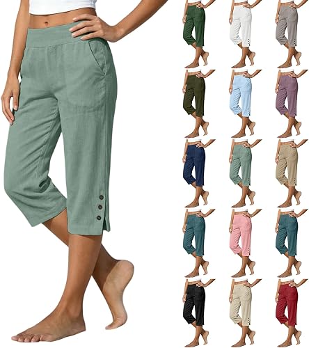 Capri Pants for Women Petite Tailored Split Button Elastic Waist Linen Capris Co