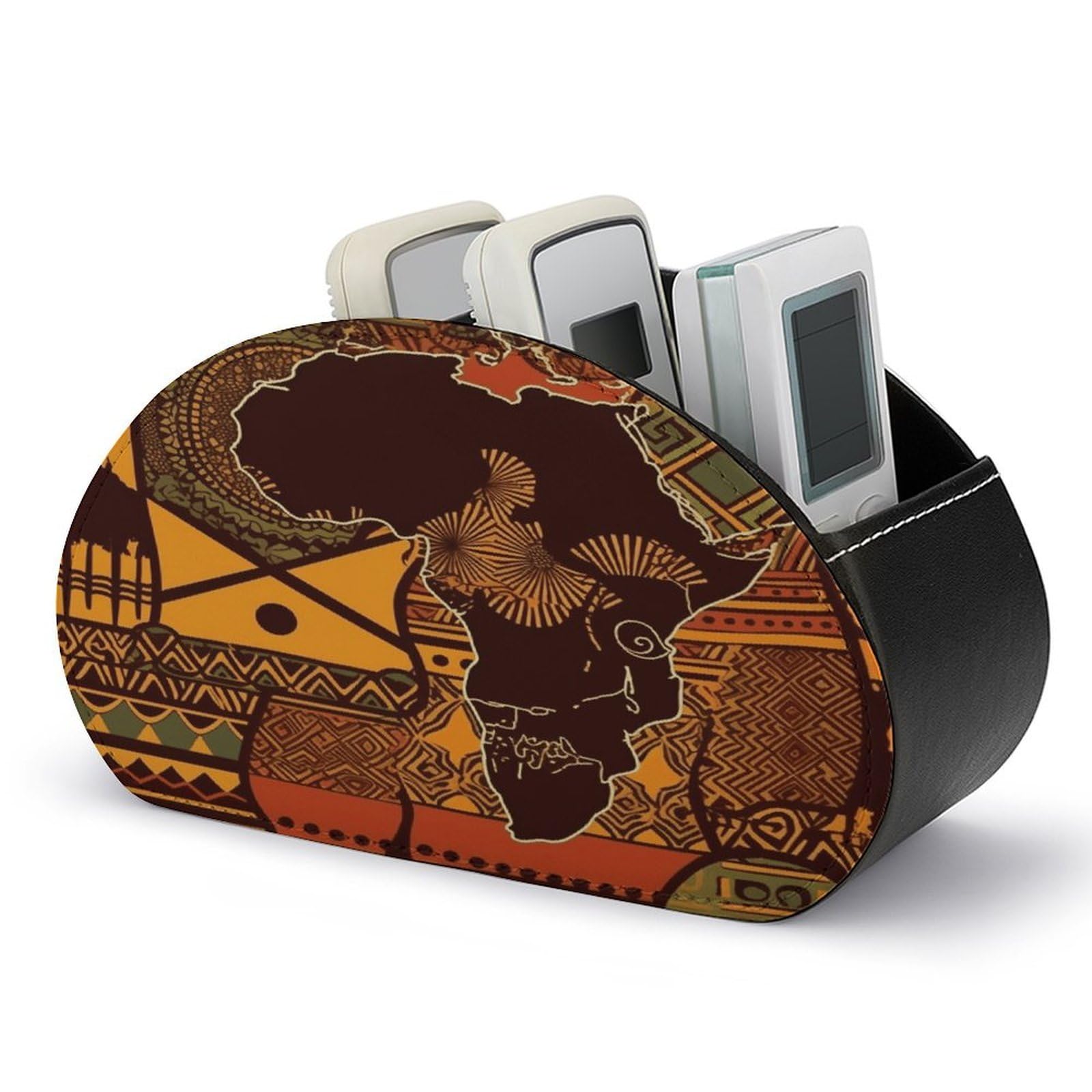 VstaDank African Map Ethnic Pattern Remote Control Holder with 5 Compartments PU Leather Remote Caddy Desktop Organizer Store TV Remote Control Storage Box for Home Office Desk Nightstand