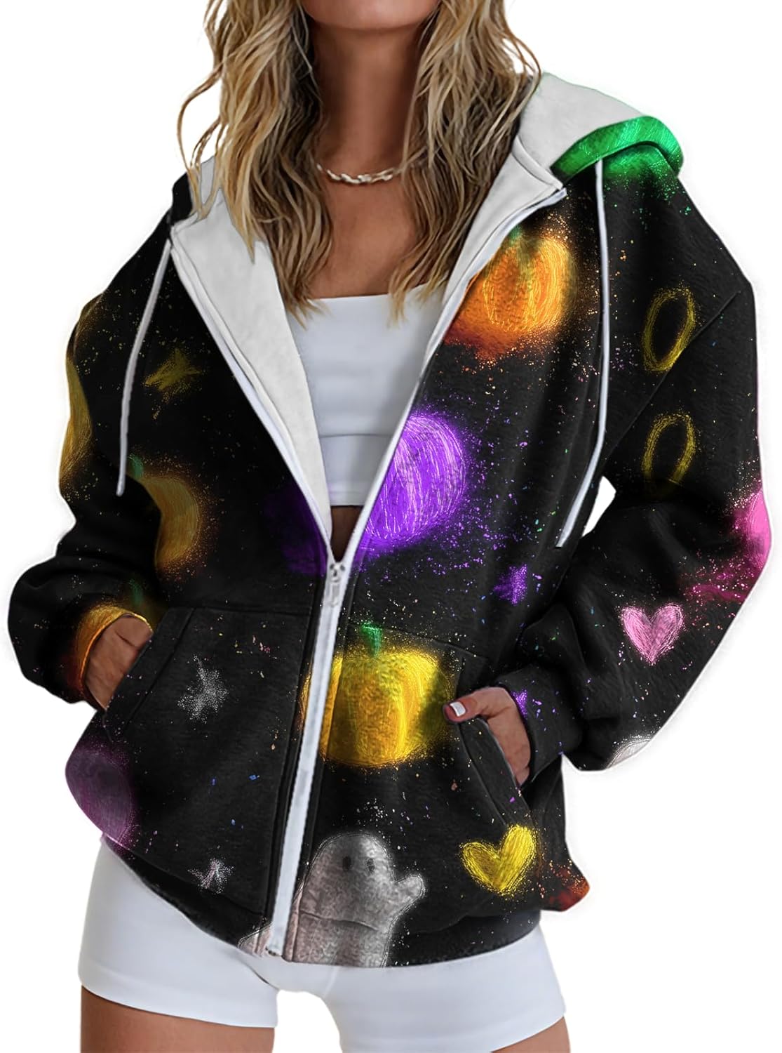MARSVOVO Fall Fashion 2025 Womens Zip Up Hoodies Halloween Pumpkin Ghost Print Graphic Sweatshirts Oversized Loose Comfy