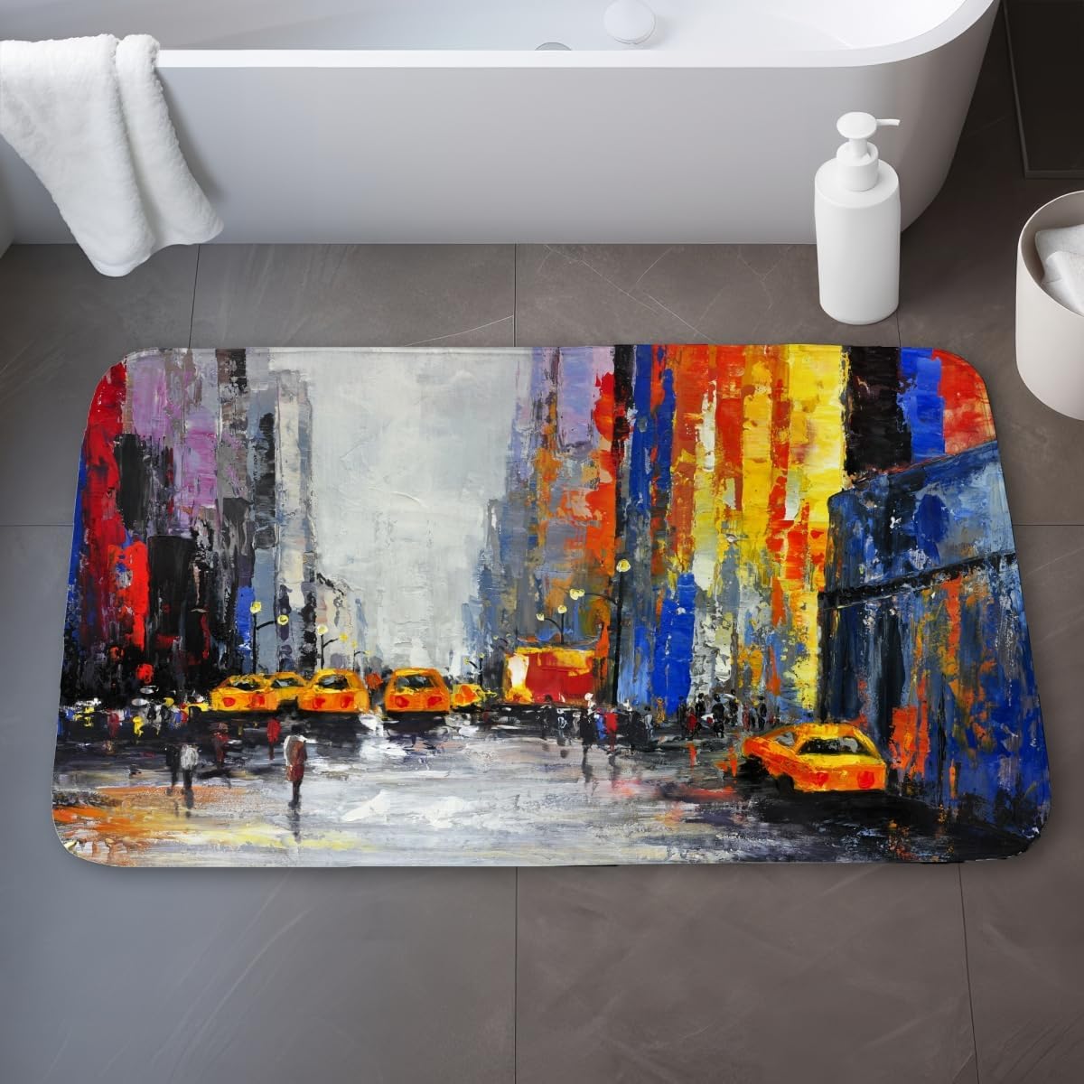Begin Home Decor C1BM2134MHW1EH 21 x 34 in. Color Spotted Street with Taxis - Contemporary Blue Bath Mat