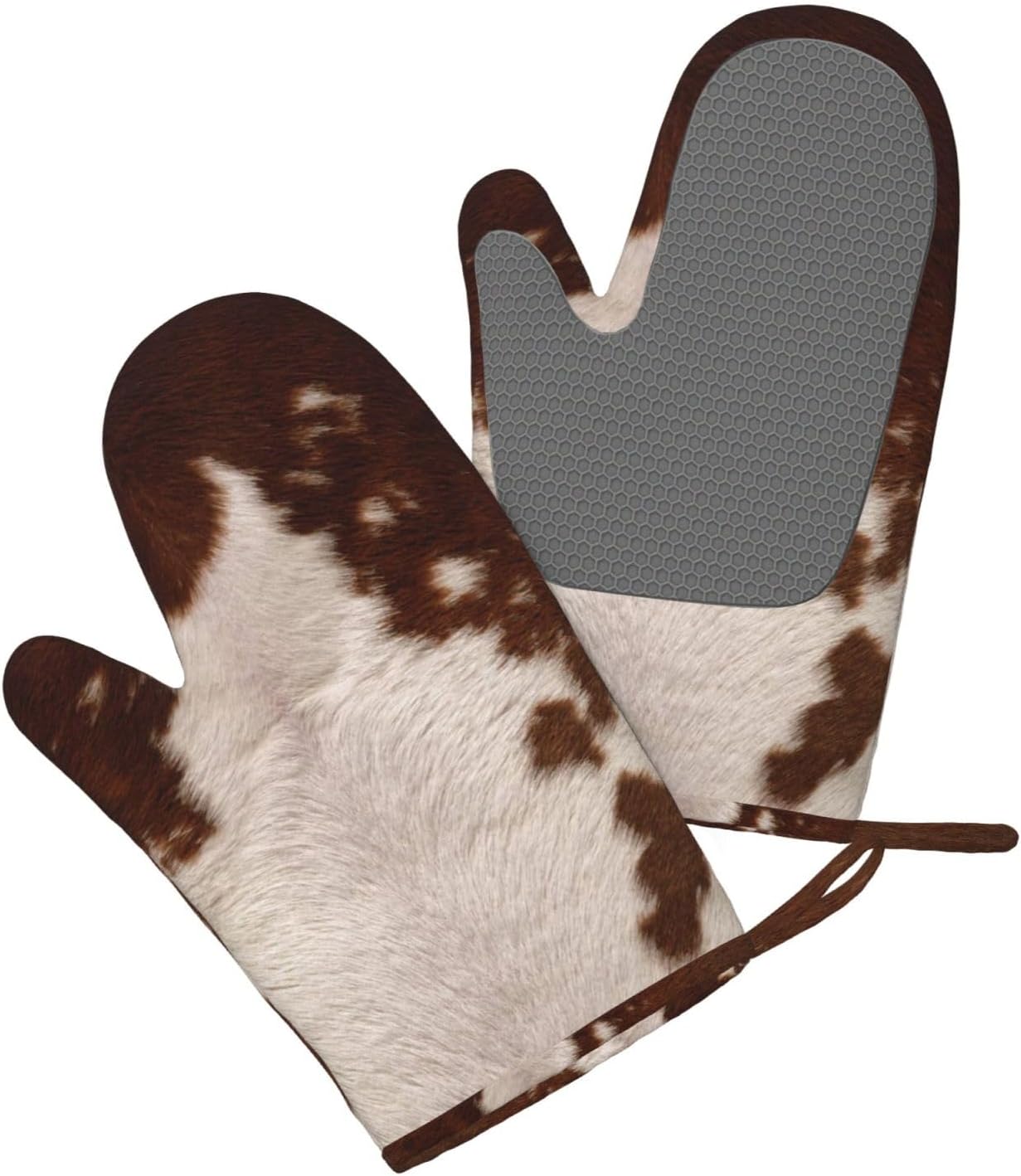 red Brown Cowhide Oven Mitts and Pot Holders Set of 4 Heat Resistant Kitchen Gloves with Silicone Palm Hot Pads for Baking Cooking Grilling BBQ