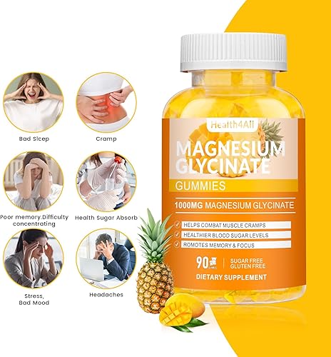 Miniatura 40 de Gomitas de glicinato de magnesio de 1000 mg, suplemento de magnesio potasio sin azúcar de alta absorción para relajación, alivio del estrés y apoyo