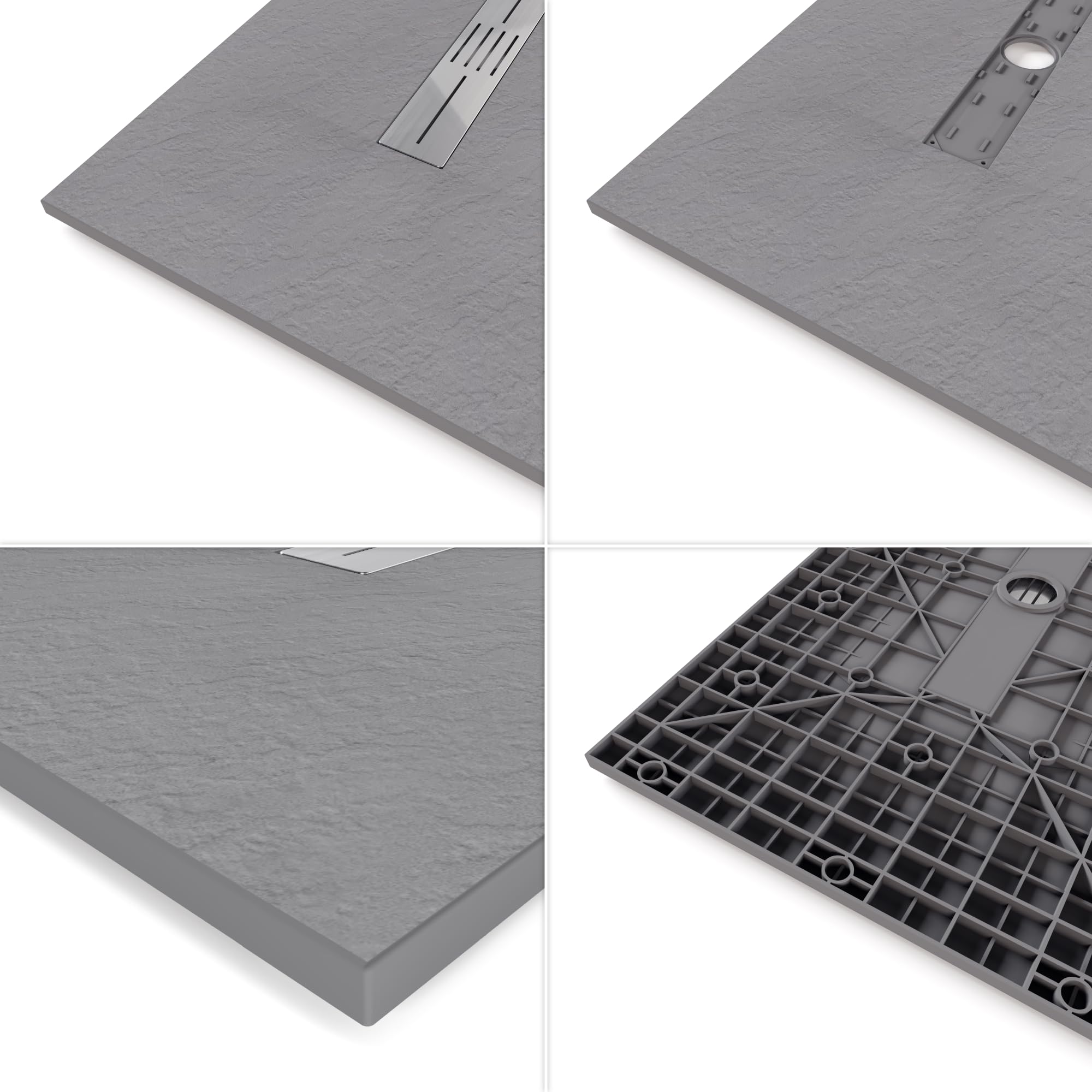 SMC Duschwanne LUMIA 80x180 cm Grau RAL7030 extra flache robuste Duschtasse, ANTI-Rutsch-Oberfläche in Schieferoptik inkl. Ablaufgarnitur und Edelstahl Deckel