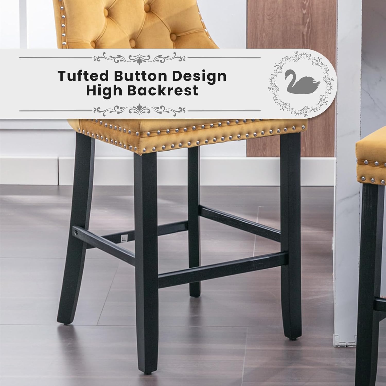 Elegant Velvet Bar Stools Set of 2,Delicate Upholstered Counter Height Barstool with Backrest,Wooden Legs Design for Kitchen Islands & Pubs（Gold）