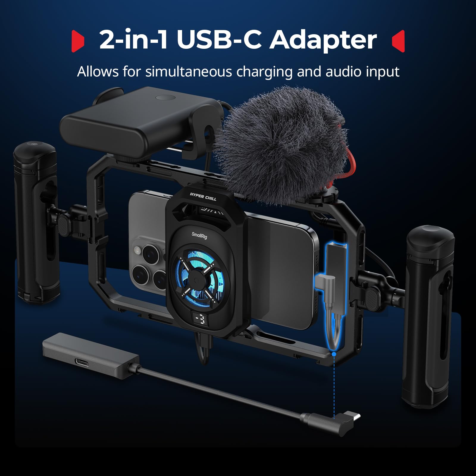SMALLRIG Universal-Hyper-Chill-Kühlbox für iPhone/Android, mit 15-W-Aktivkühler, 2-in-1-USB-C-Adapter und Powerbank-Halterung, kompatibel mit 2,5-3,1-Zoll-Smartphones – 5275