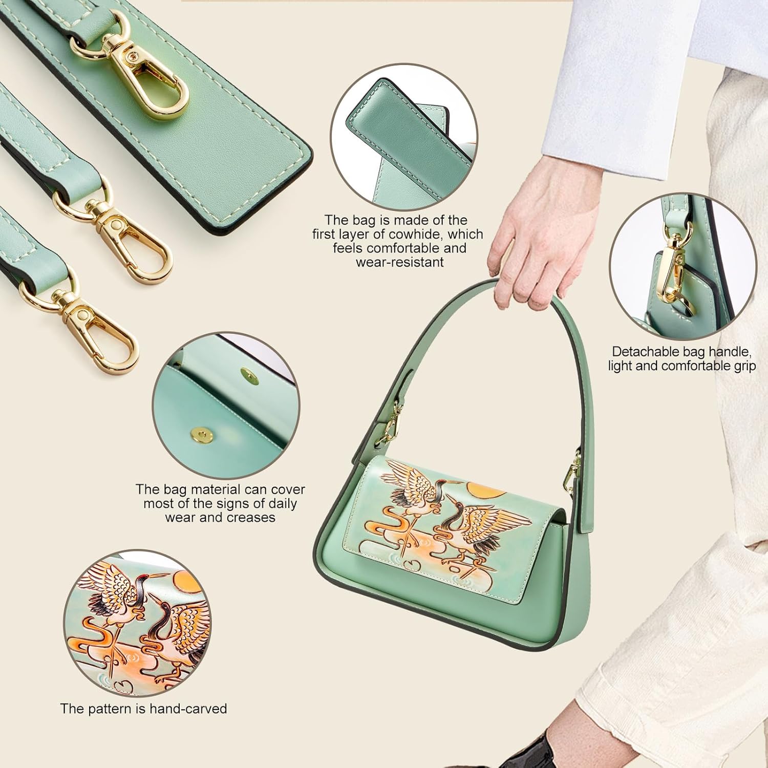 Genuine Leather Shoulder Bag for Women Hand Carved Painted Leather Clutch Saddle Bag Cute Hob - Image 2