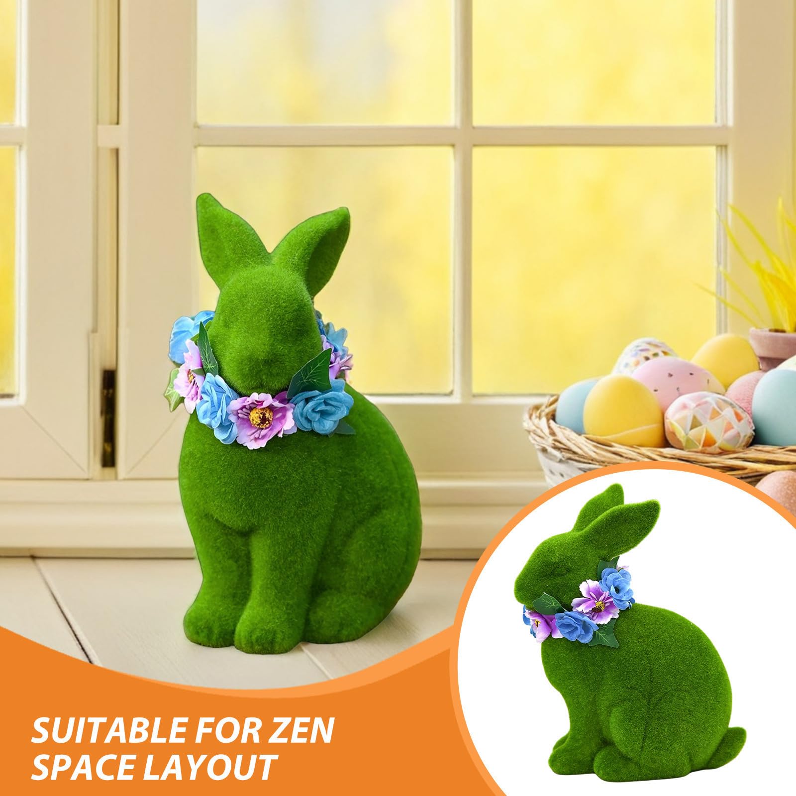 Decorazione Pasquale Coniglio in Resina 25cm Ghirlanda Floccata Verde, Tocco Morbido e Leggero per Arredo Giardino e Festa di Primavera