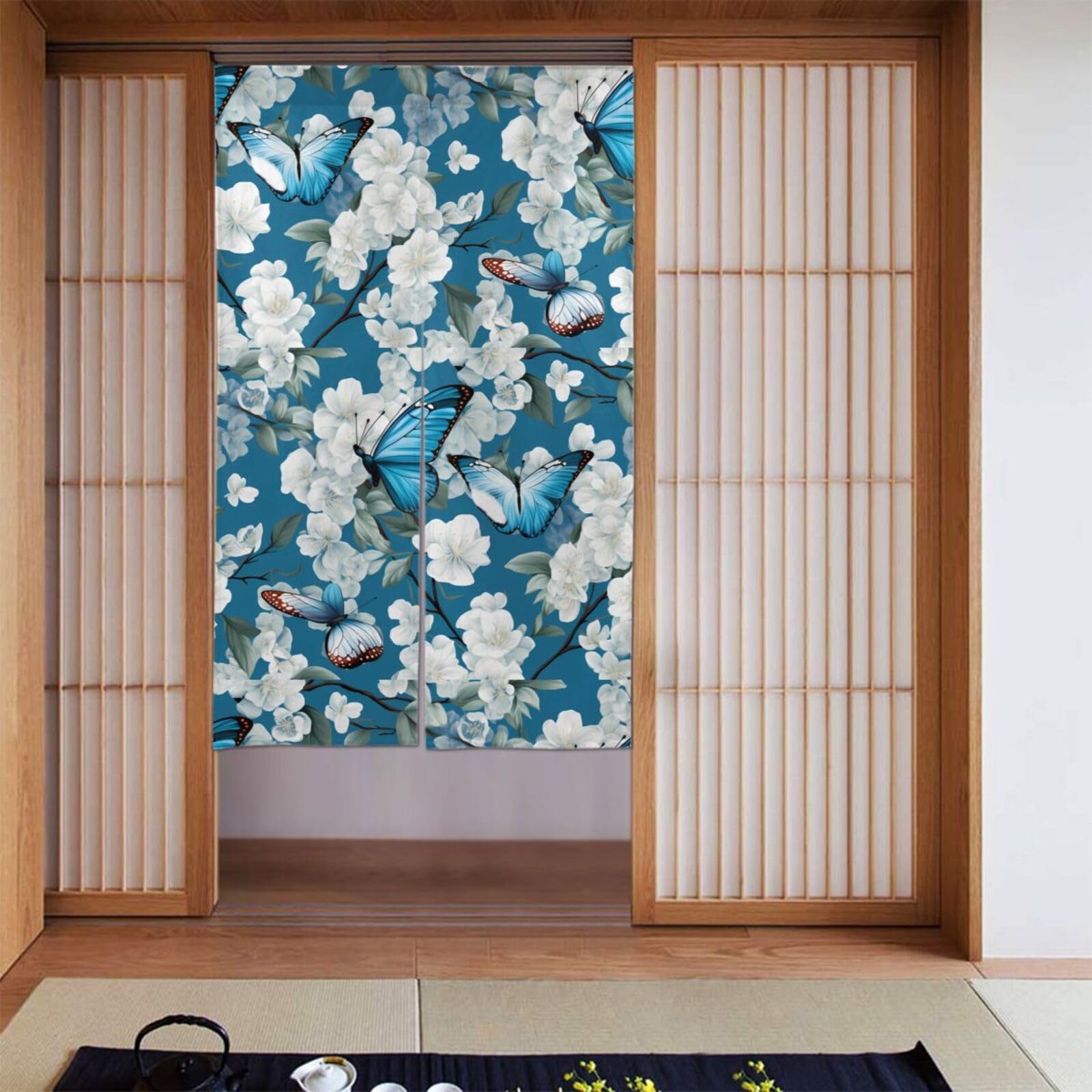 Cortina de 2 piezas empalmadas HYTTER de 86 x 142 cm con estampado de mariposa azul para puertas