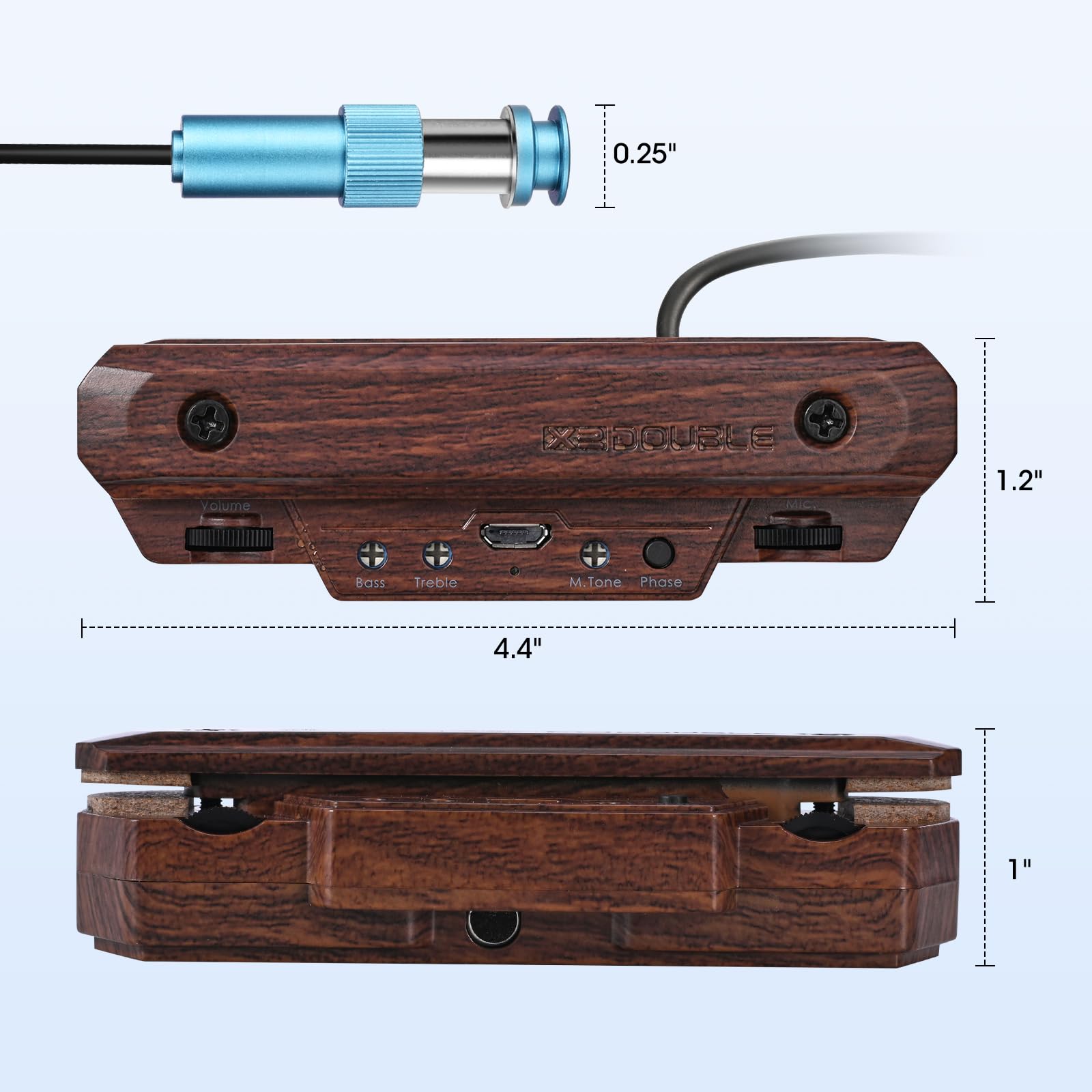Pickup per chitarra acustica, ricaricabile, attivo, pickup per chitarra, regolabile, bobina magnetica, controllo del volume integrato, microfono, pickup acustico (venature del legno)
