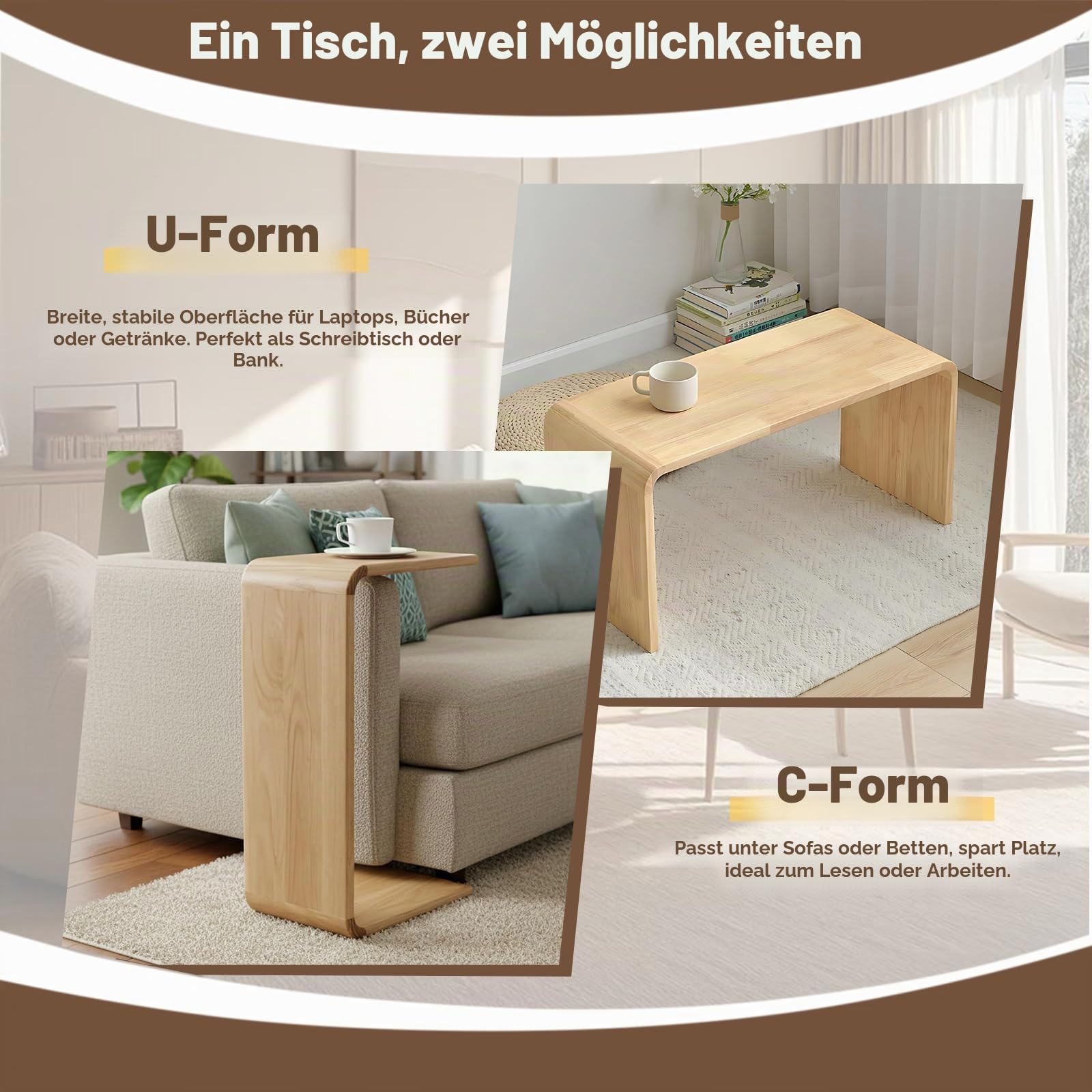 Beistelltisch Couch, Stabiler U/C-Tisch aus massiver Eiche, Oberfläche geschliffen und lackiert, flexibel neben Sofa oder Sessel nutzbar