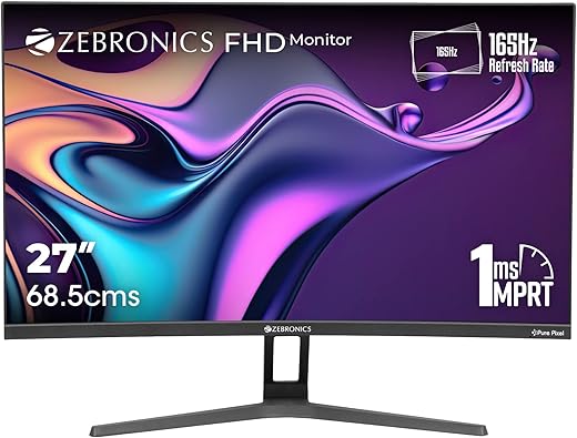 Zebronics 27 inch Curved (1500R) 165Hz Gaming Monitor with FHD 1080p, 1ms MPRT, HDR10, Free sync support, HDMI, DP, 300 Nits max, 16.7M colors,…