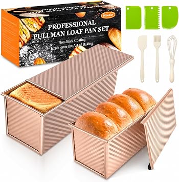 2Pack Loaf Pans with Lids 2.2 LB & 1 LB Dough Capacity, Non-Stick Carbon Steel Bread Pans for Homemade Sandwich and Sourdough Bread, Corrugated Toast Mold