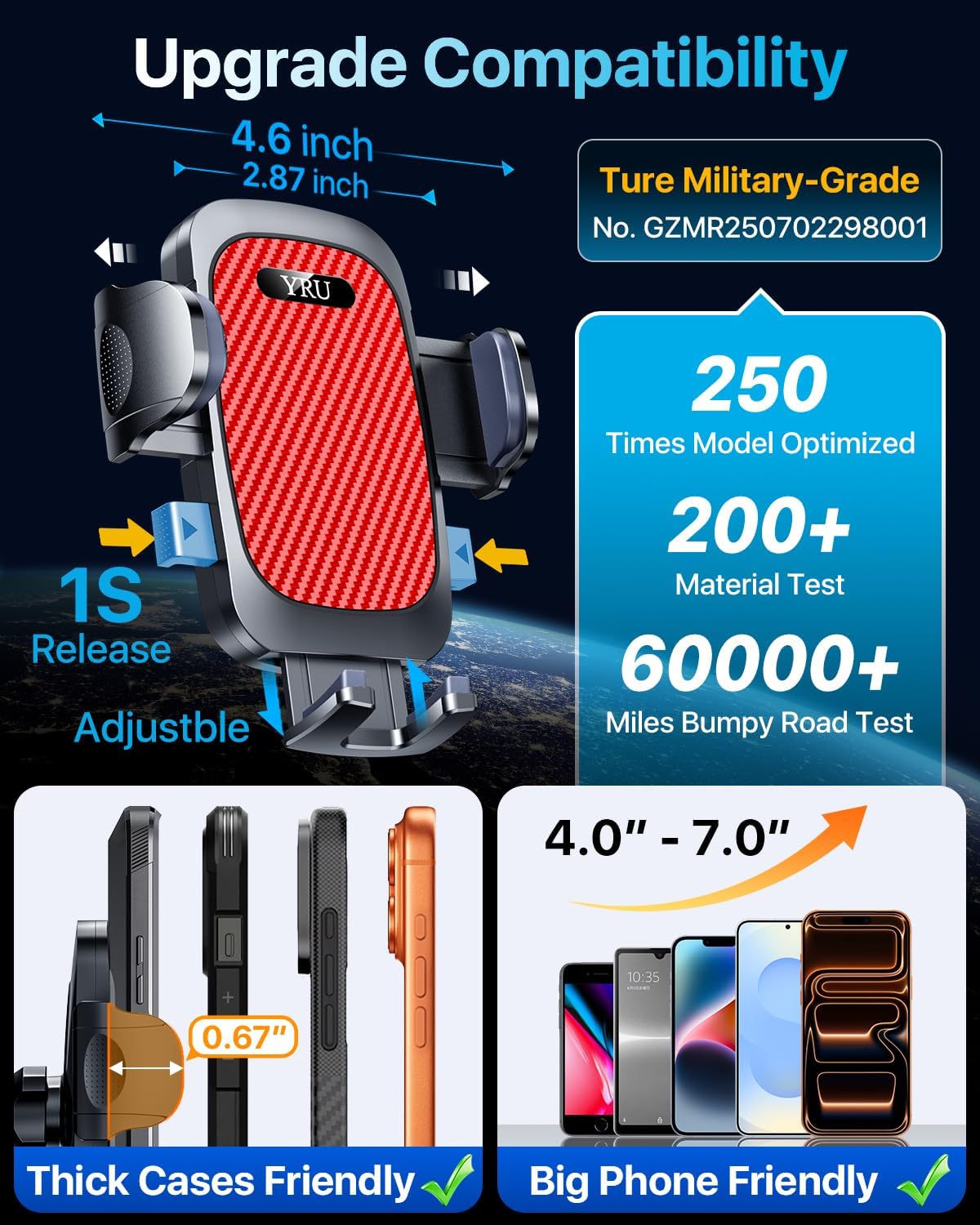YRU[True Upgrade for Safety Car Phone Holder Mount [Patent & Military-Grade] Dashboard Cell Phone Holder for Car Vent Windshield Phone Stand for iPhone 17 16 15 14 13 Pro Max Truck Samsung, Light Red
