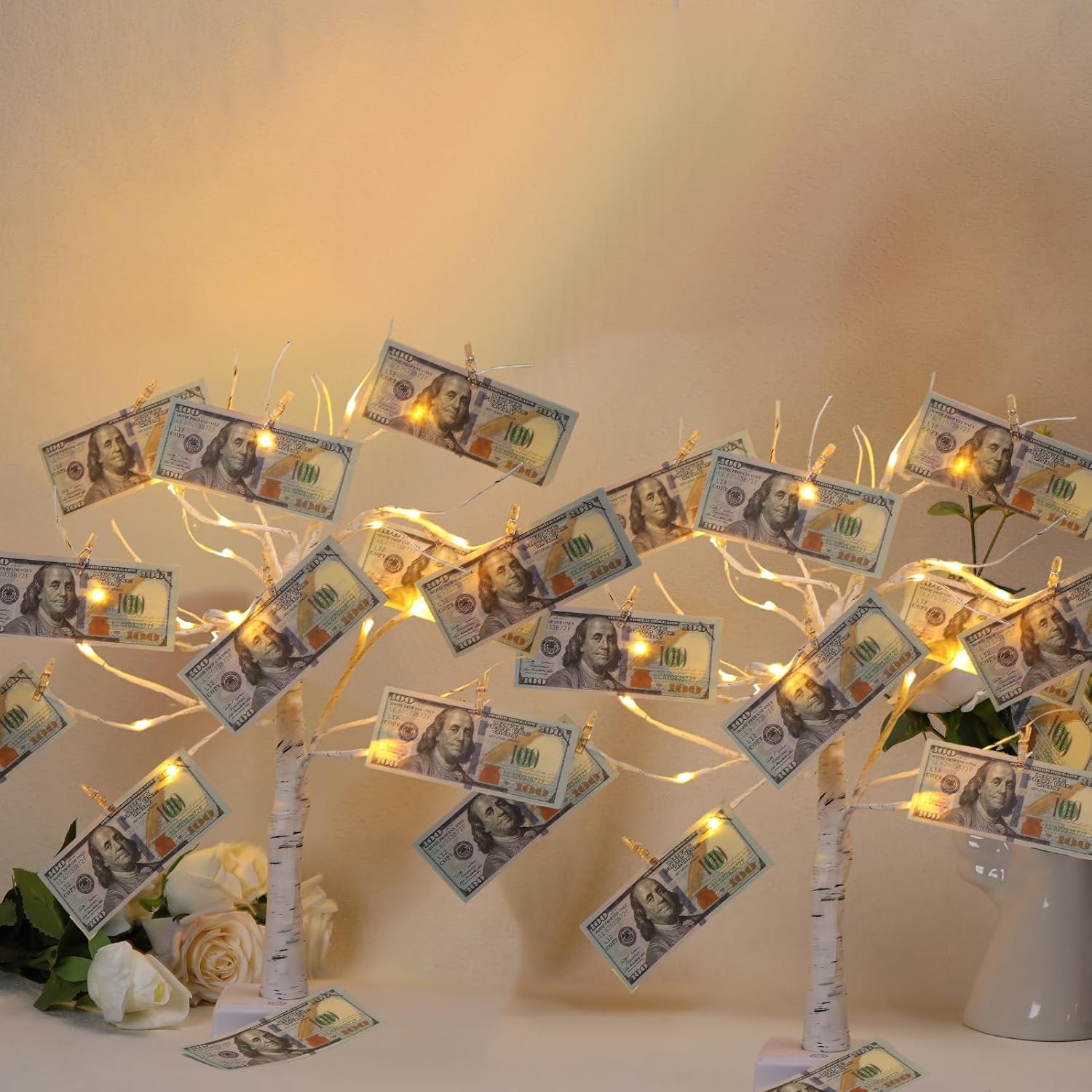 Meonua2-pack Money Tree Gift Card Holder LED Twig Lights - Battery/USB Powered Light Up Display with 22 Clear Clips for Birthday Wedding Photo (Warm Color)