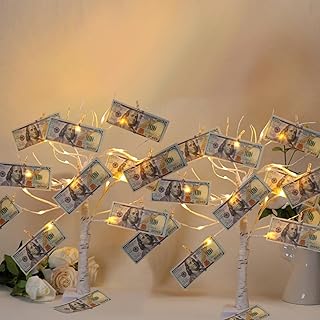 Meonua2-pack Money Tree Gift Card Holder LED Twig Lights - Battery/USB Powered Light Up Display with 22 Clear Clips for Birthday Wedding Photo (Warm Color)