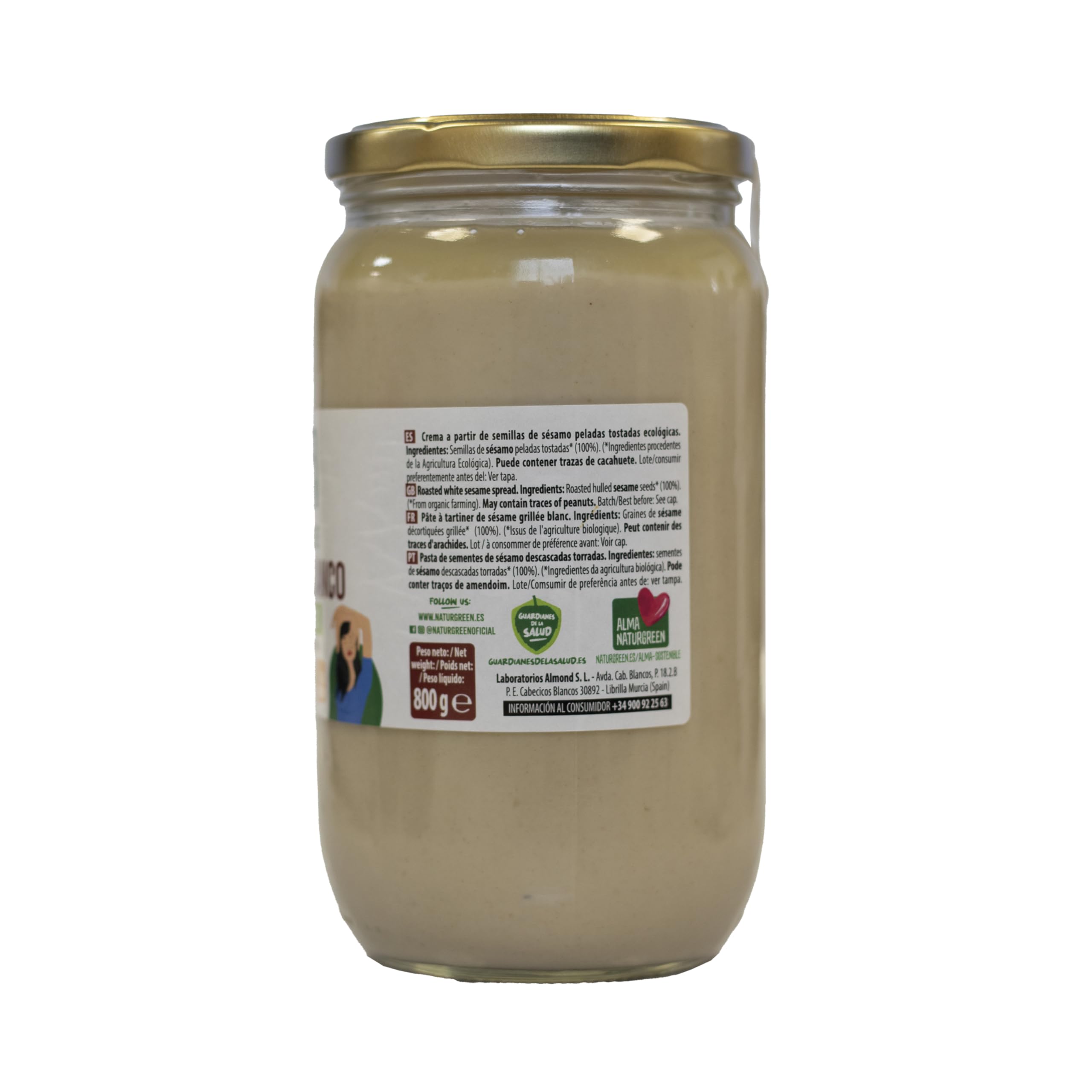 NaturGreen - Tahin de Sésamo Blanco Bio, Pack 6 x 800 g, Crema Blanco 100% Natural, Sin Gluten, Vegana, Fuente de Proteína y Fibra, Sin Azúcares Añadidos, Ideal para Hummus, Salsas y Cocina Saludable