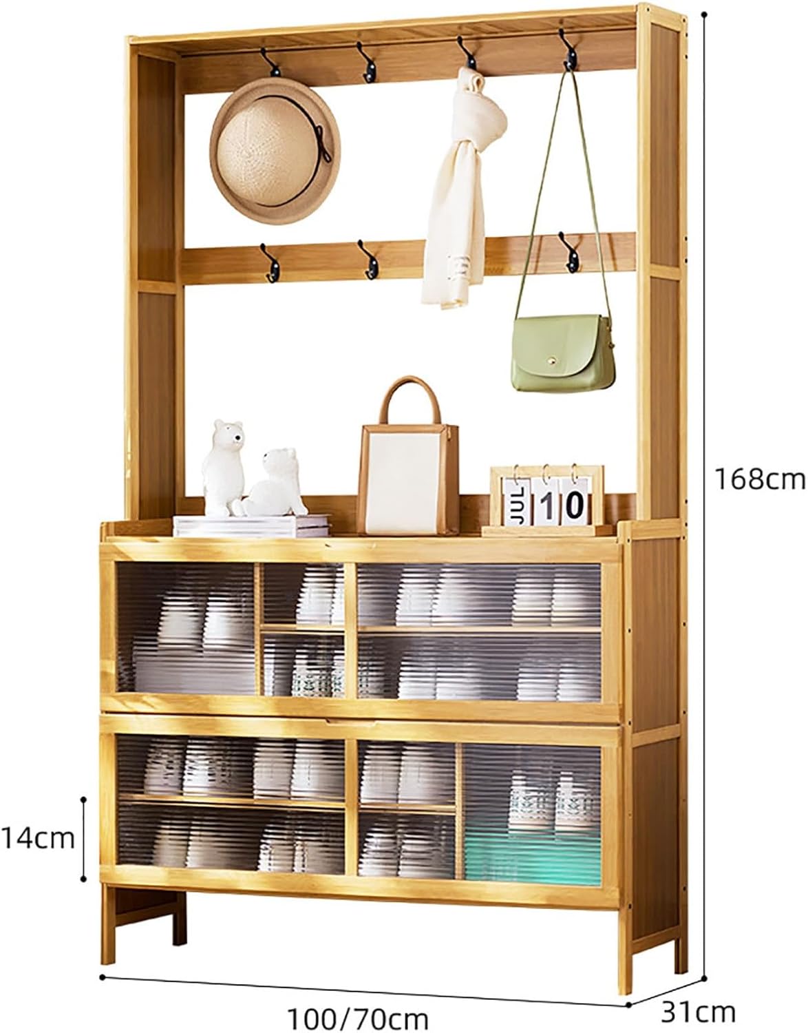 Floor-Standing Solid Wood Rotating Coat Rack，Freestanding Coat Rack & Shoe Storage Organizer with Dual Hooks - Entryway Shoe Shelf Cabinet for Hats, Coats, & Clothes - Ideal for Hallway, Bed