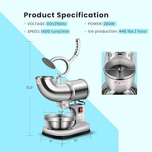 Miniatura 7 de VIVOHOME Plata dual eléctrica 440lbs/hr de la máquina del fabricante del cono de la nieve de la máquina de la trituradora de hielo de las cuchillas