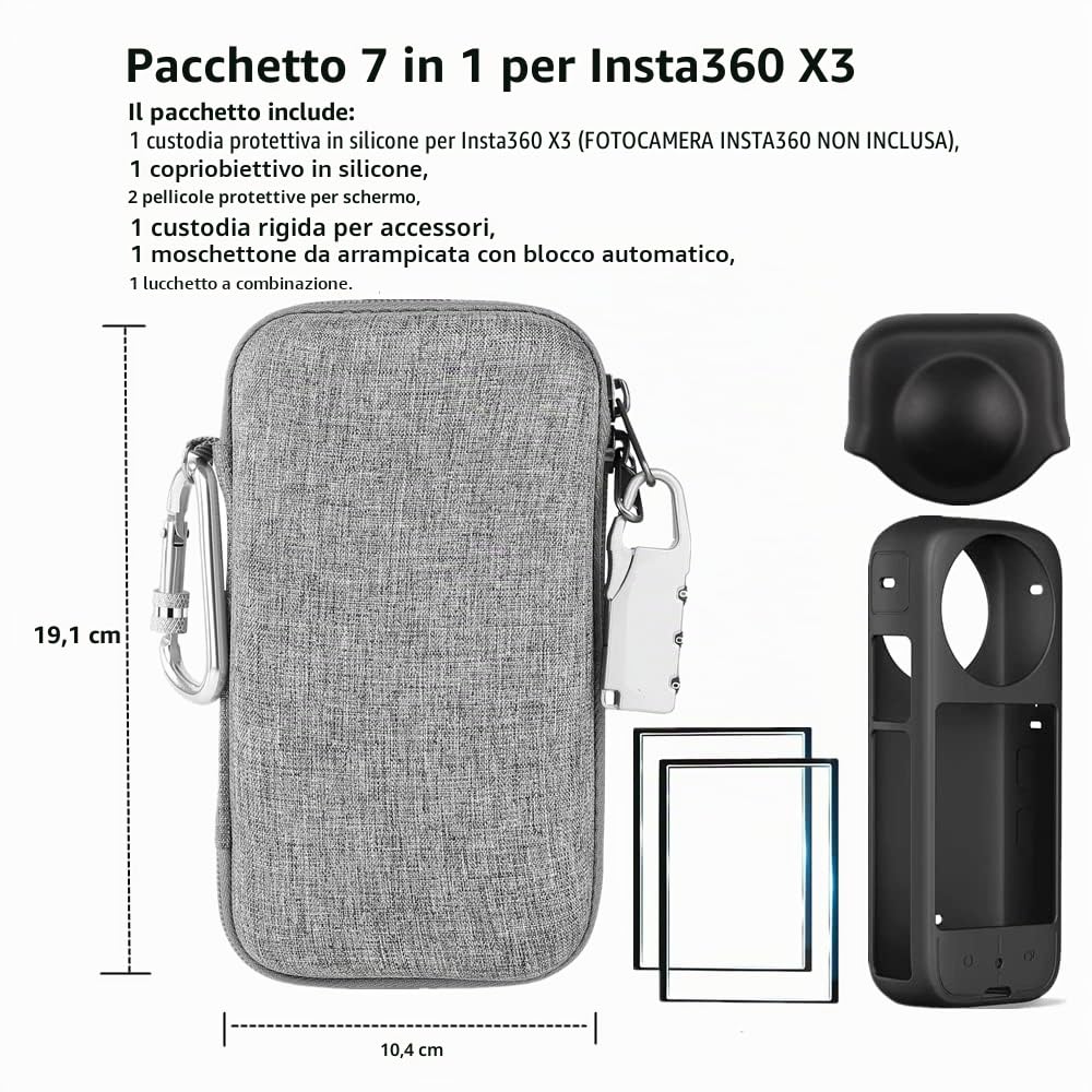 Kit di Accessori 7in1 Compatibile con Insta360 X3 [Custodia in Silicone per Fotocamera e Copriobiettivo] [2 Pellicole Protettive] [Custodia per il Trasporto Esterna con Moschettone]