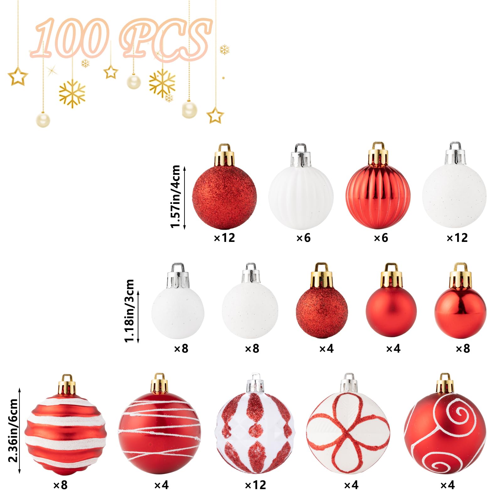 Juego de 100 adornos de bolas de Navidad, decoraciones de Navidad inastillables con paquete de regalo de mano para árbol de Navidad, vacaciones, boda, vacaciones, decoración de fiesta (rojo y blanco)
