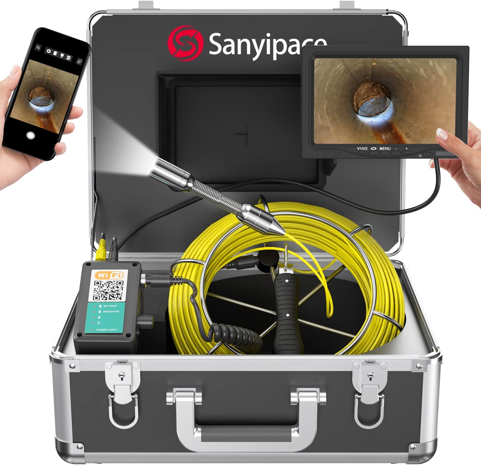 Sanyipace Sewer Camera 65FT/20M with WiFi Wireless Transmission, Drain Camera with Lights, Pipe Sewer Scope Inspection Camera with IP68 Waterproof Camera Probe, 7" Color Screen, Camera Guide Wheel