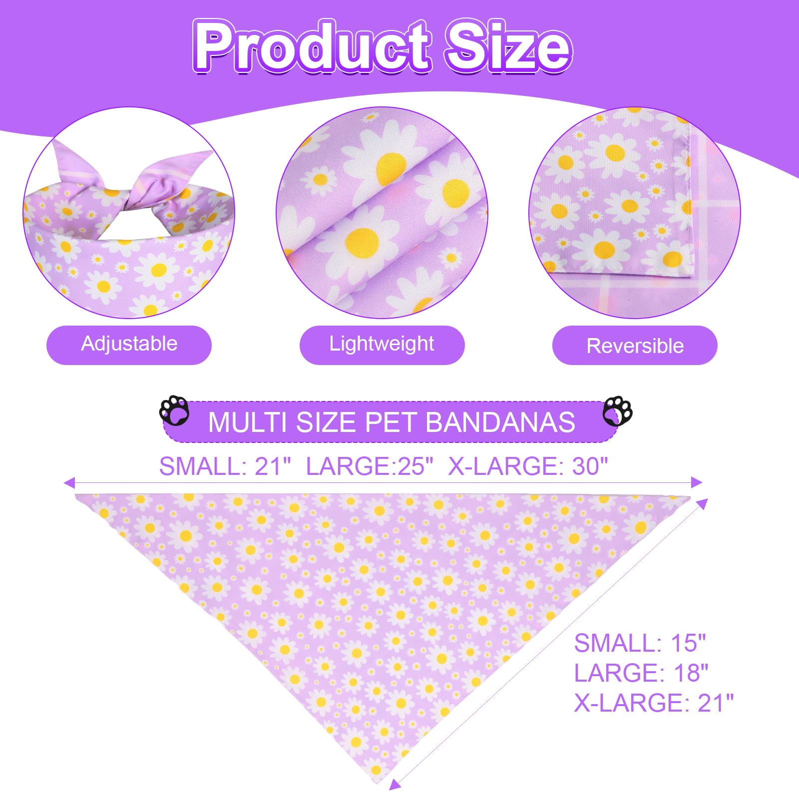 Summer Dog Bandanas Girl XLarge 2PCS, Purple Pink Daisy Scarf, Durable Triangle Reversible Spring Bibs Handkerchief for Puppy Pet