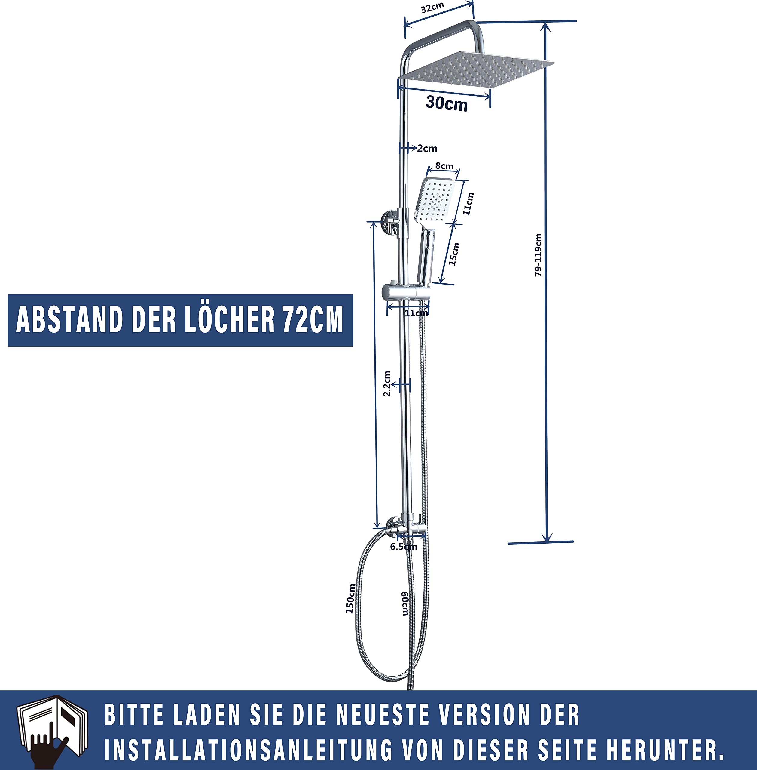 Système de douche en acier inoxydable de ELBE, douche à effet pluie avec pommeau de douche en acier inoxydable 304 30x30cm carré, kit de douche sans robinetterie, chromé kit colonne de douche