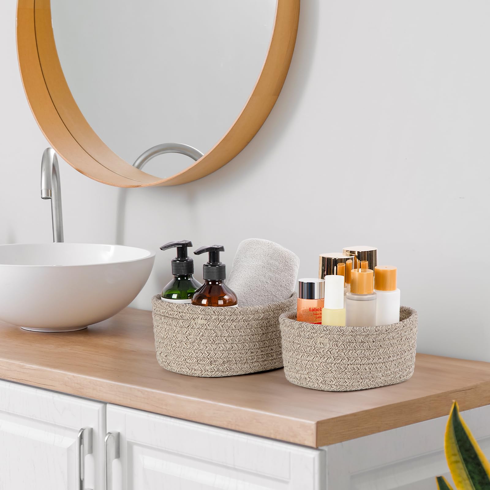 Juego de 5 Cestas Almacenaje de Cuerda de Algodón, Cestas Organizadoras Baño, Cesta Juguetes Bebe, Cesto Toallas Baño, Cajas Almacenaje Decorativas, Desierto
