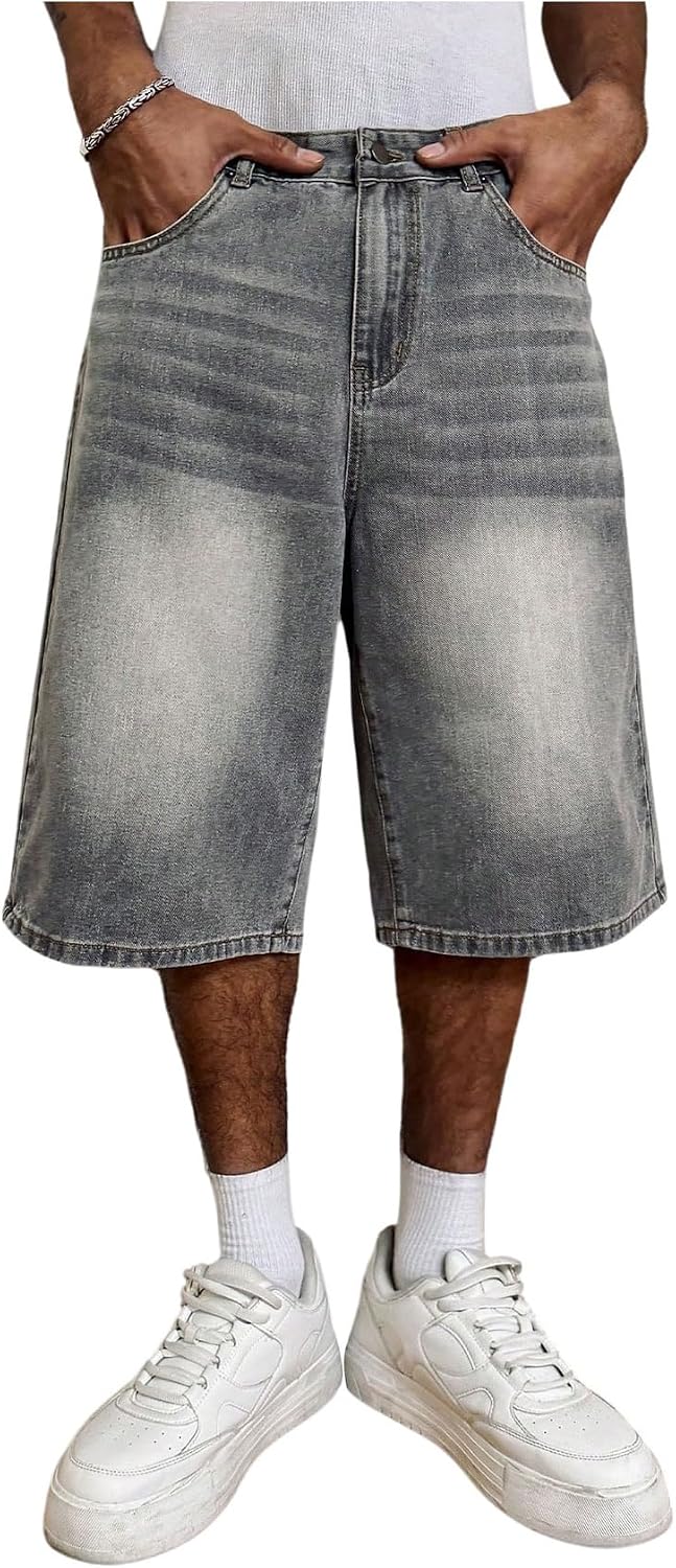 VIPWOLF Men's Y2K Graphic Embroidered Hip Hop Jean Shorts Goth Loose Wide Leg Baggy Denim Shorts Long Jorts