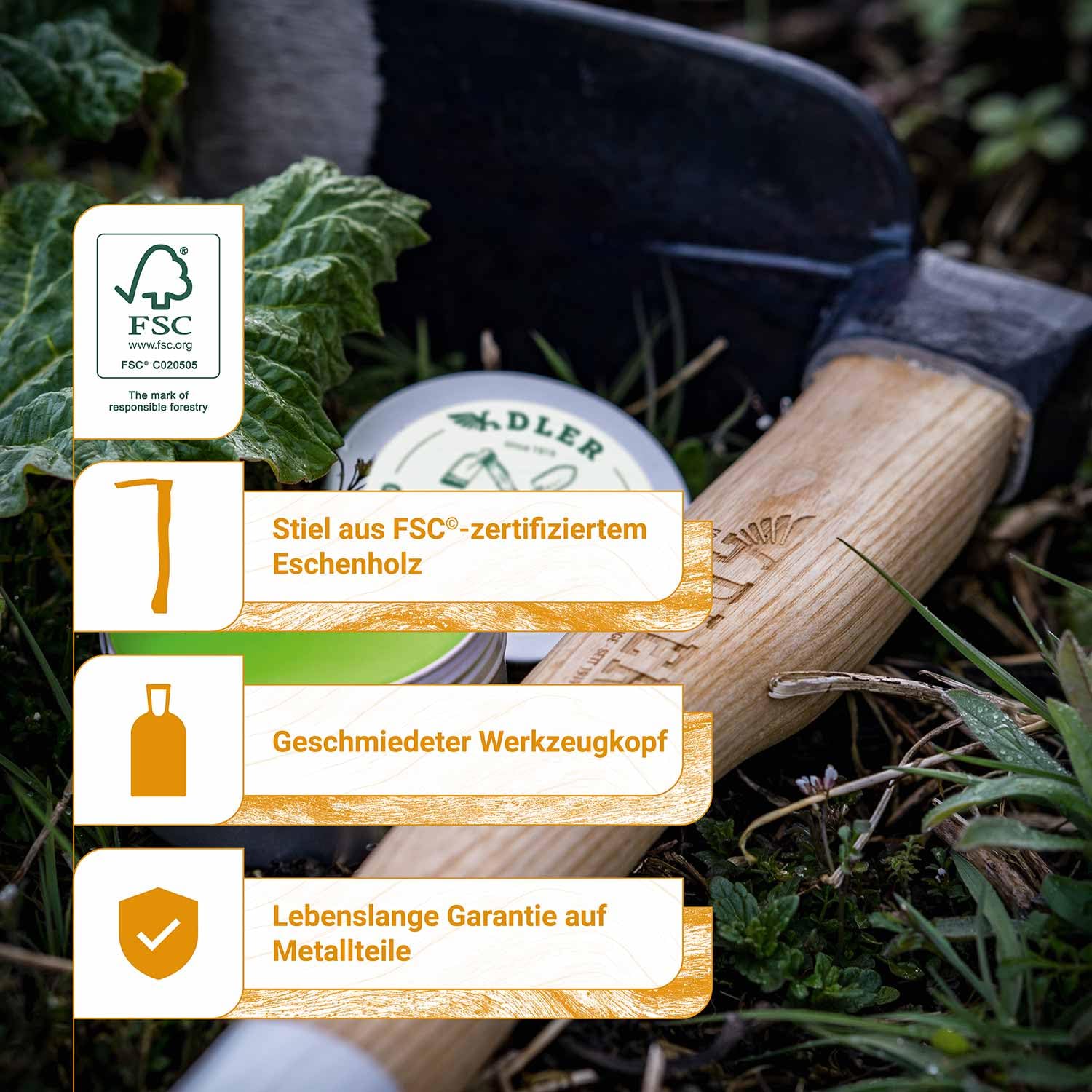 ADLER Zappa Ivy – Zappa da giardino forgiata – C45 acciaio manico in frassino – Made in Germany – Ideale per aiuole, diserbo e allentamento – Certificazione FSC® (naturale, L – 1 350 mm)