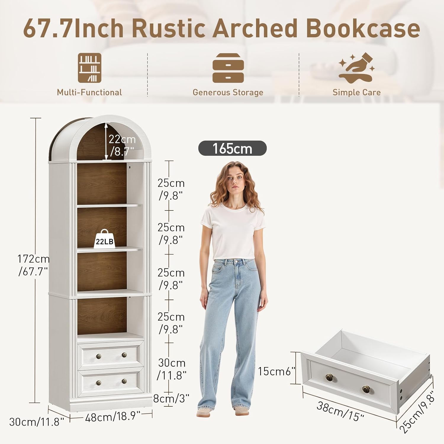 RALGEND Tall Narrow Bookshelf, Arched Bookshelf with 2 Drawers, 7-Tier Farmhouse Arch Bookcase, Wooden Book Shelf with Open Display Shelves for Office, Living Room, Kitchen, White and Walnut