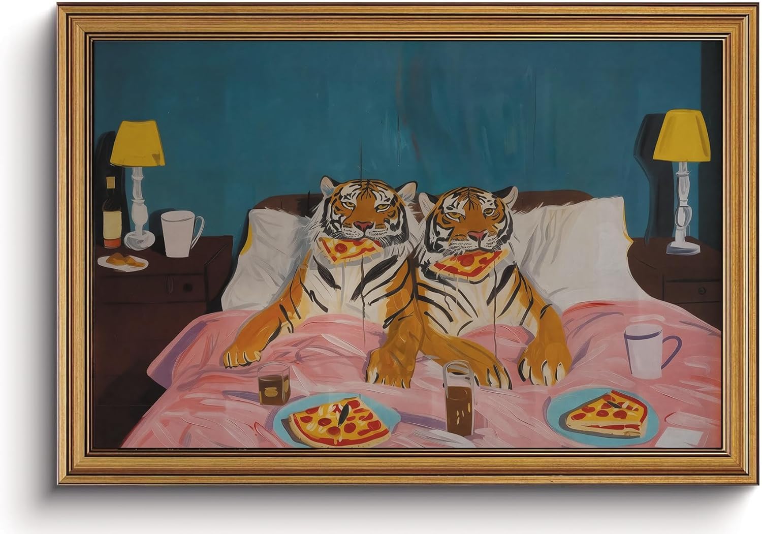 AYHSSMO Vintage Gold Framed Funny Tiger Wall Art Eclectic Tigers Eating Pizza in Bed Pictures Wall Decor Whimsical Animal Paintings Canvas Prints Humor Home Decor for Living Room Bedroom Office 16x24in