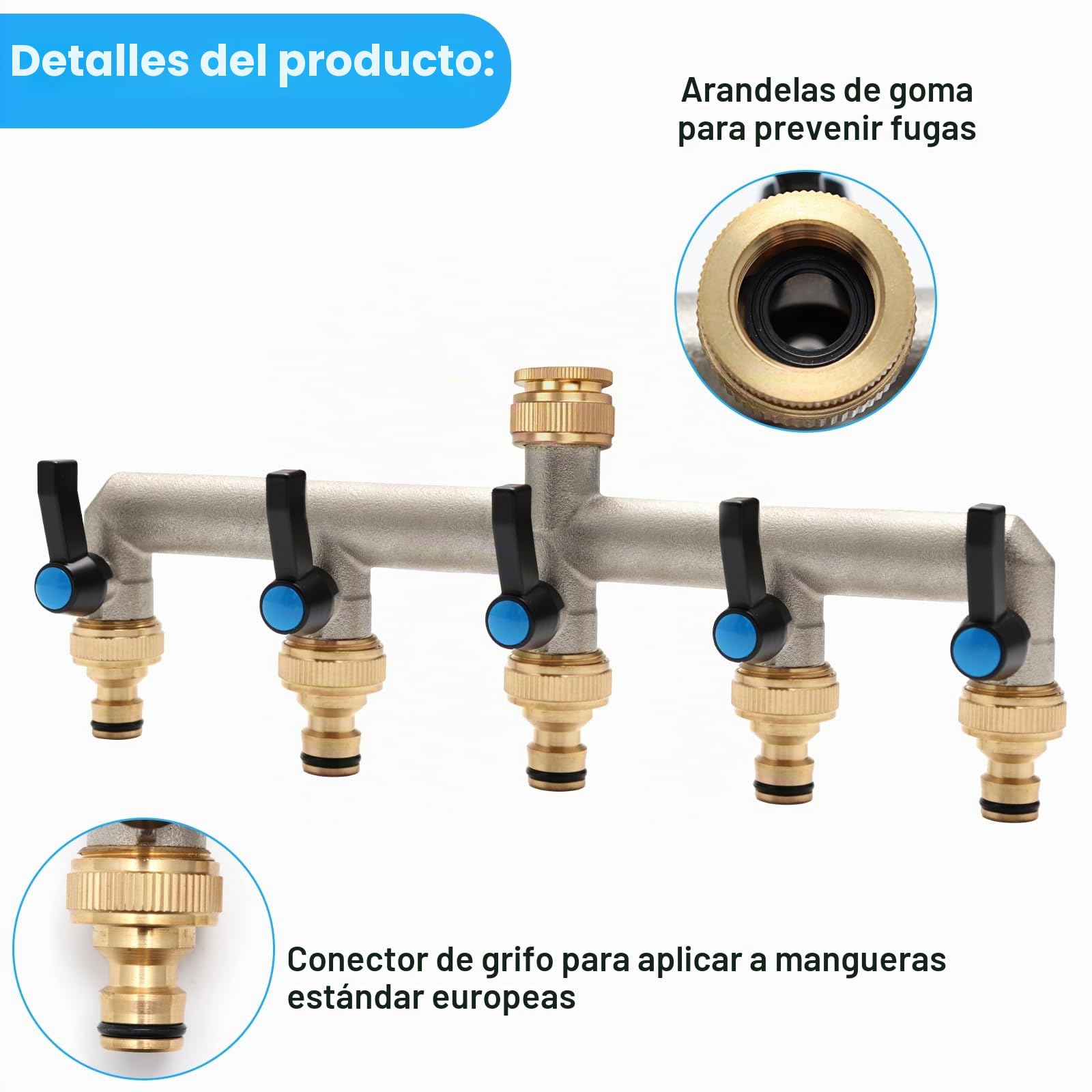 Distribuidor de Agua de 5 vías, Conector de Agua de latón, Adaptador de 3/4 Pulgadas con 5 Conectores de Grifo de 3/4 Pulgadas a 1/2 Pulgadas para casa, Patio o Lavadora