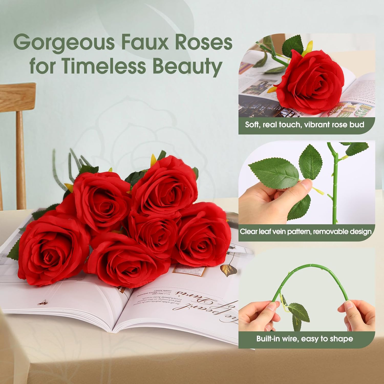 20PCs Realistic Red Roses Artificial Silk Flowers with Long Stems, Real Touch Fake Red Roses Bulk for Arrangement Wedding Party Home Table Decor, DIY Bouquet - Image 4