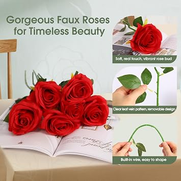 20PCs Realistic Red Roses Artificial Silk Flowers with Long Stems, Real Touch Fake Red Roses Bulk for Arrangement Wedding Party Home Table Decor, DIY Bouquet