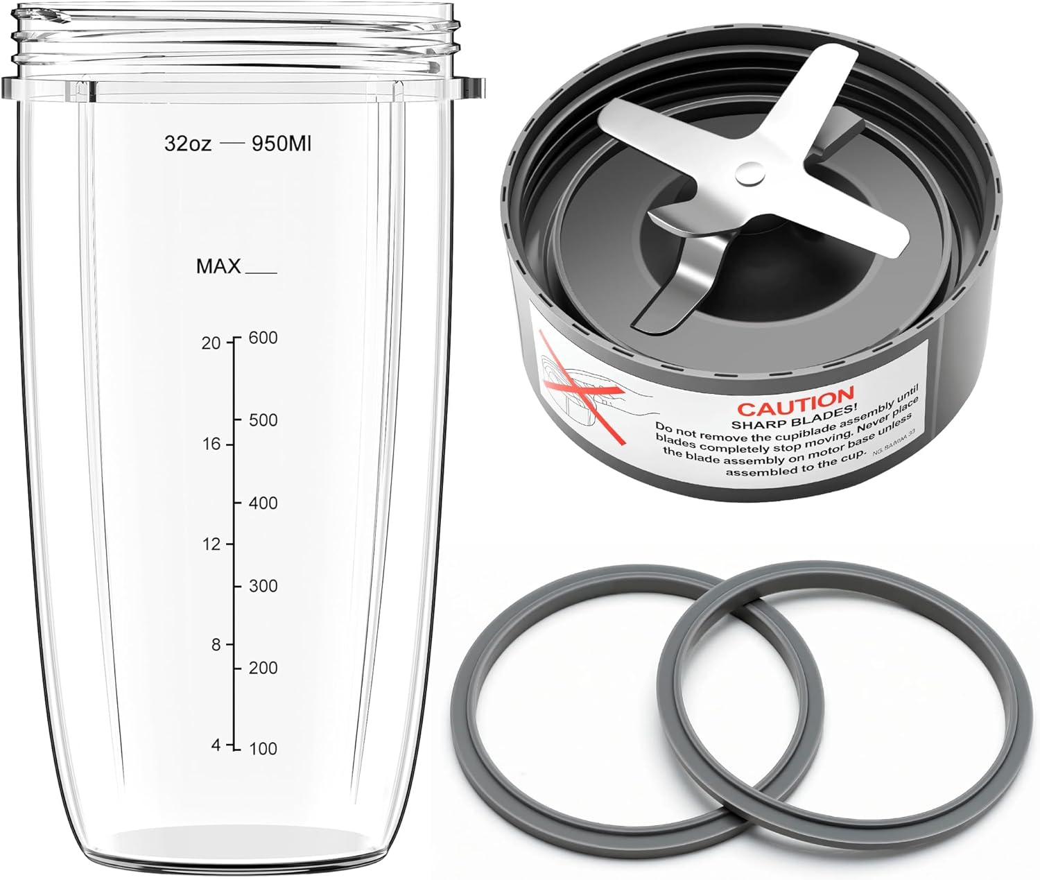 4 Pieces Blender Cup & Blade Replacement Parts Set for NutriBullet, 32oz Huge Cup & Extractor Blade & 2 Rubber Gaskets Compatible with NutriBullet Blender/Mixer System 600W / 900W Series