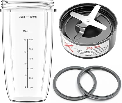 4Pcs Blender Cup & Blade Replacement Parts Set for NutriBullet 600W & 900W | Food-Grade Material, BPA-Free, Include 32oz Huge Cup & Extractor Blade & 2 Rubber Gaskets. Dishwasher Safe