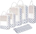 Narwey 6 Set Compression Packing Cubes Travel Organizer, Packing Cubes Compressible for Carry on Luggage Suitcase Travel Backpack, Travel Essentials Cubes with Laundry Bag (Grayish Blue Checkerboard)